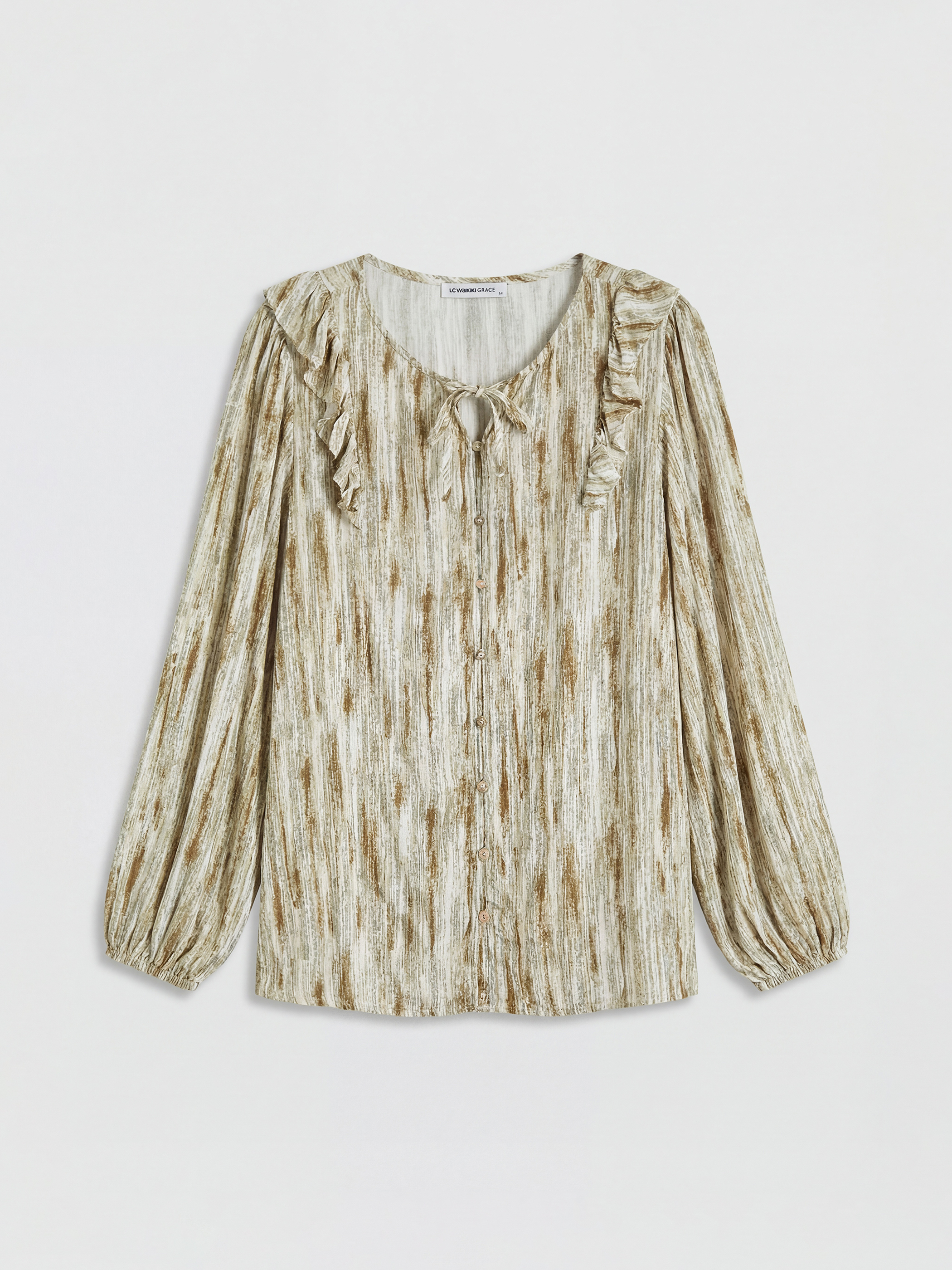 Haki Bağlamalı Yaka Fırfırlı Desenli Bluz-4