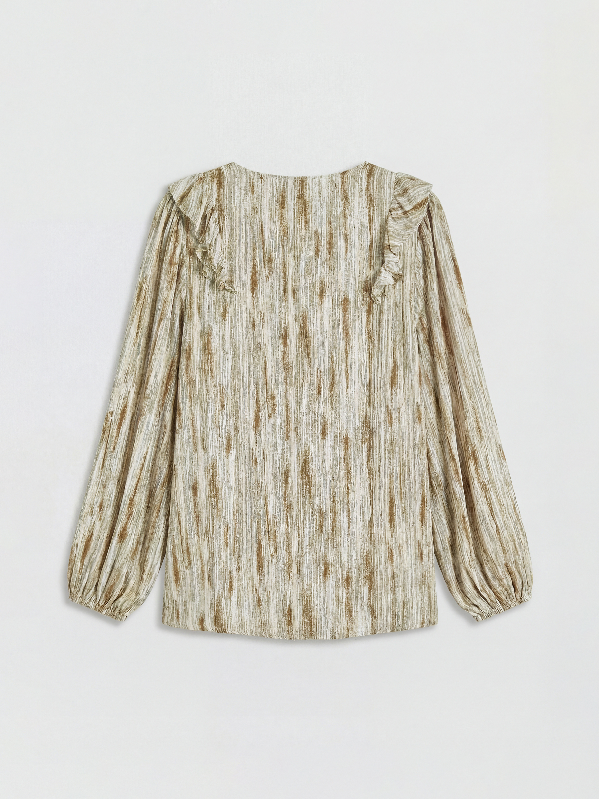 Haki Bağlamalı Yaka Fırfırlı Desenli Bluz-5