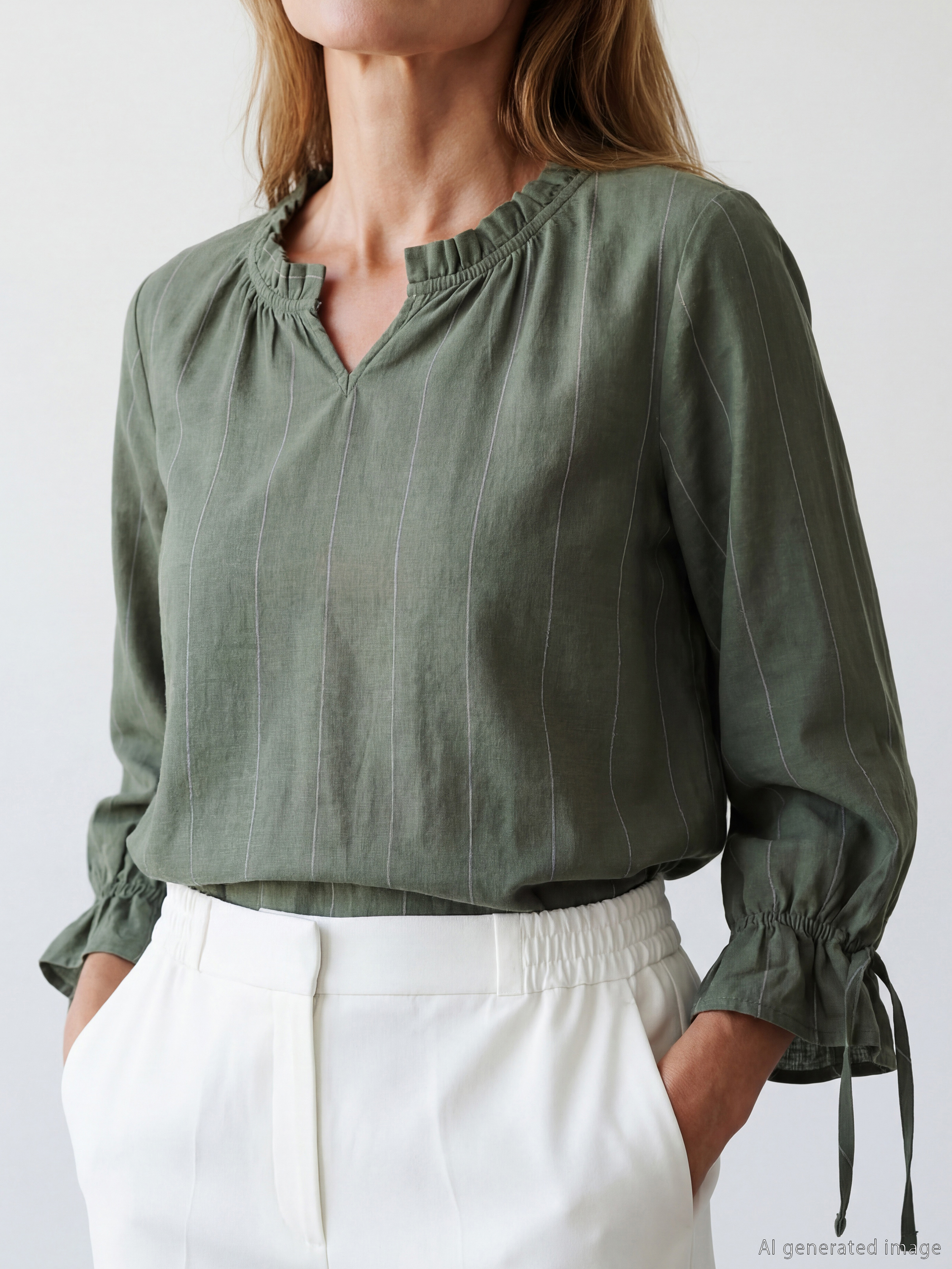 بلوزة مخططة بياقة بشق ومكشكشة-2