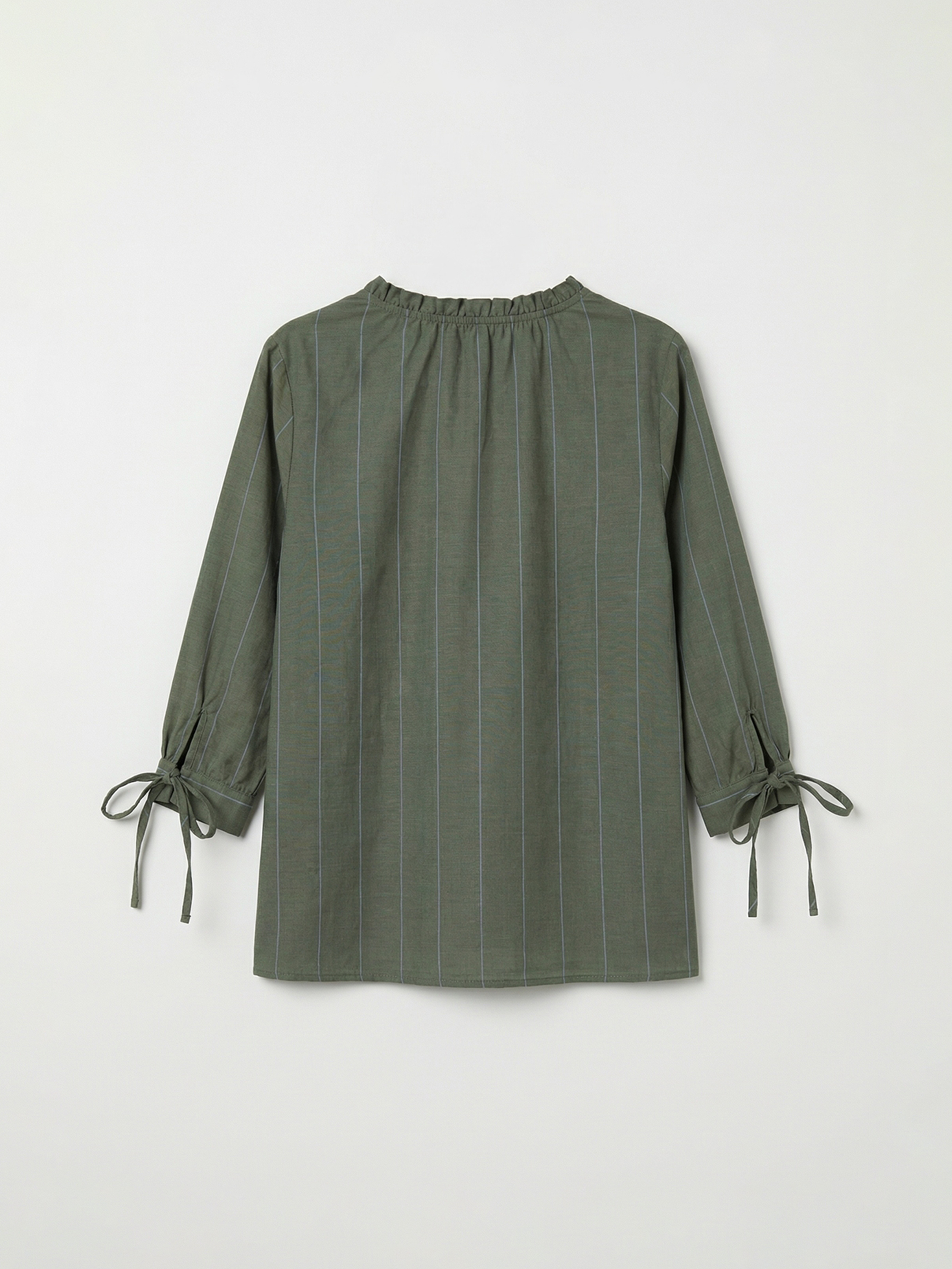 Haki Fırfırlı Kaçık Yaka Çizgili Bluz-1