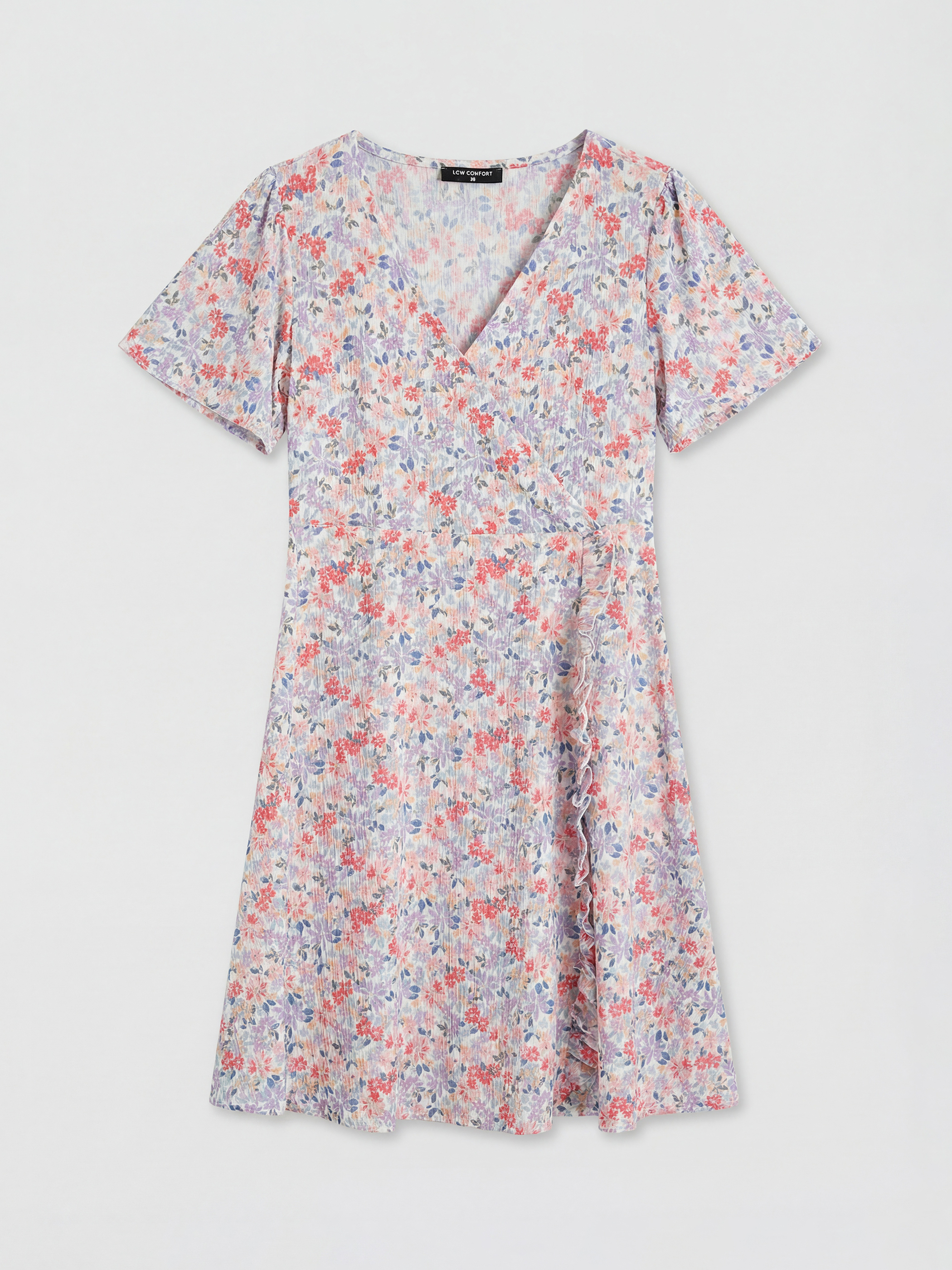 LCW Comfort Kruvaze Yaka Çiçekli Belden Oturtmalı Mini Elbise - S6K244Z8-LSC