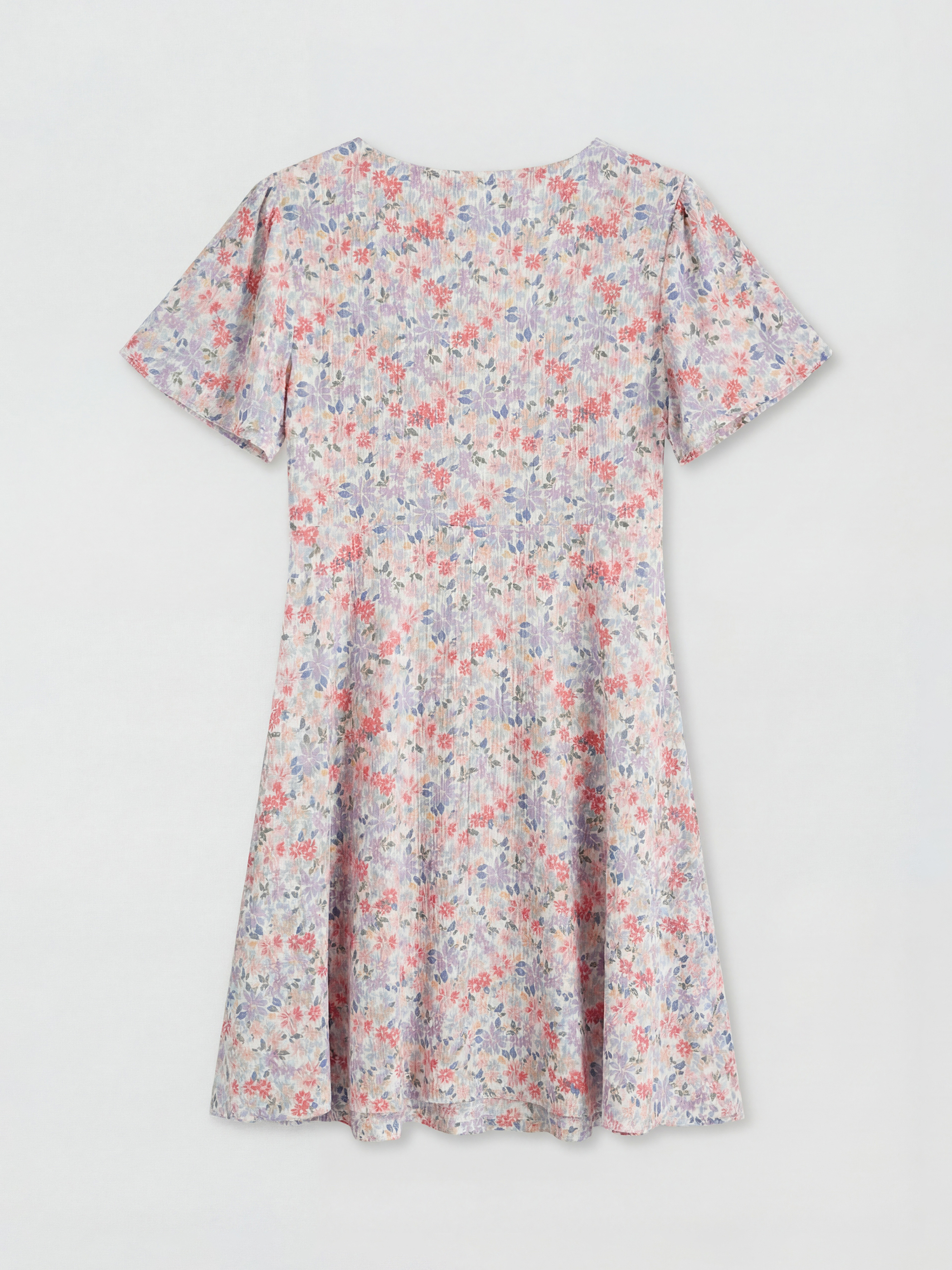 Lila Kruvaze Yaka Çiçekli Belden Oturtmalı Mini Elbise-1