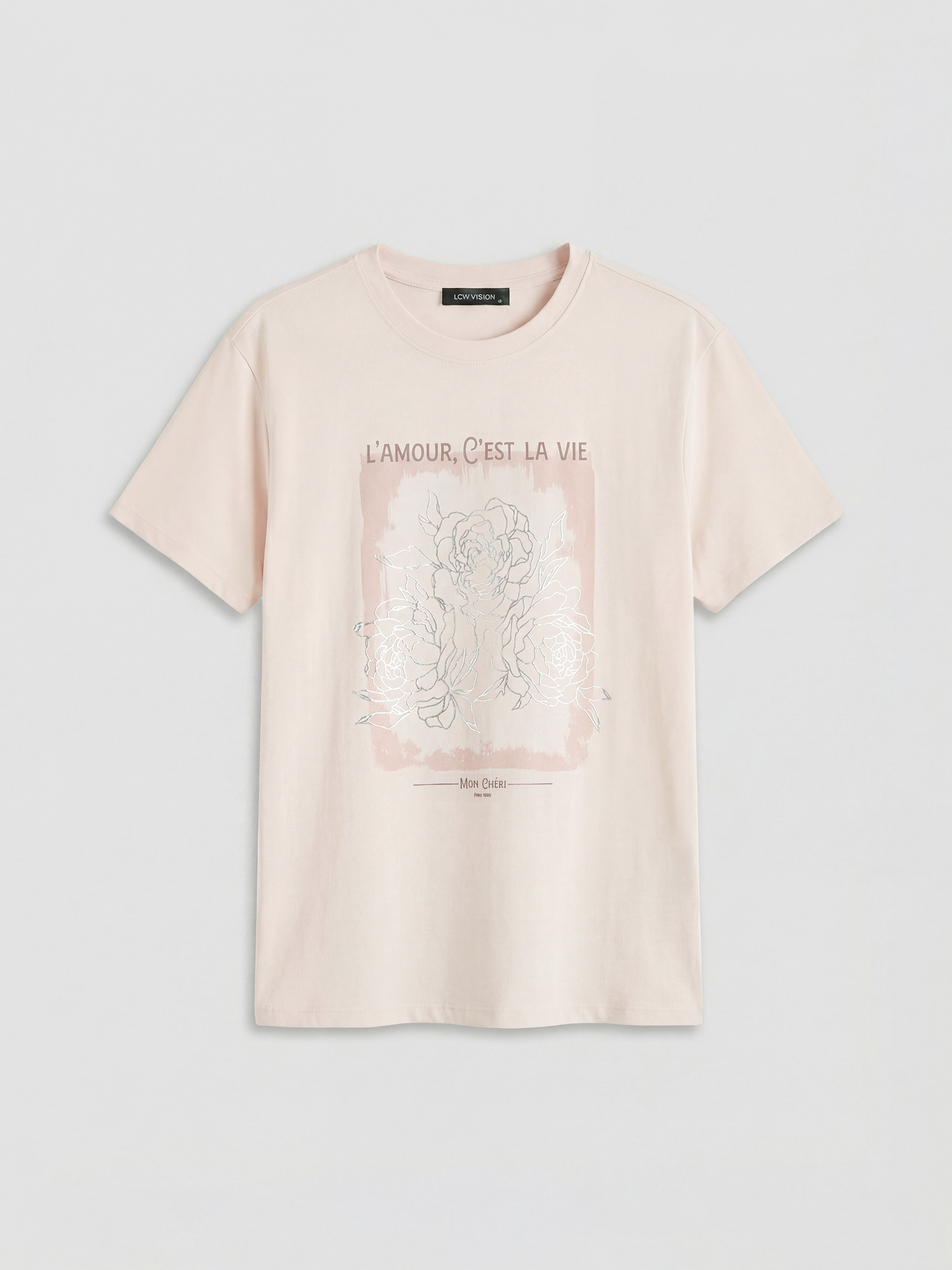 Pembe Bisiklet Yaka Baskılı Kadın Tişört-4