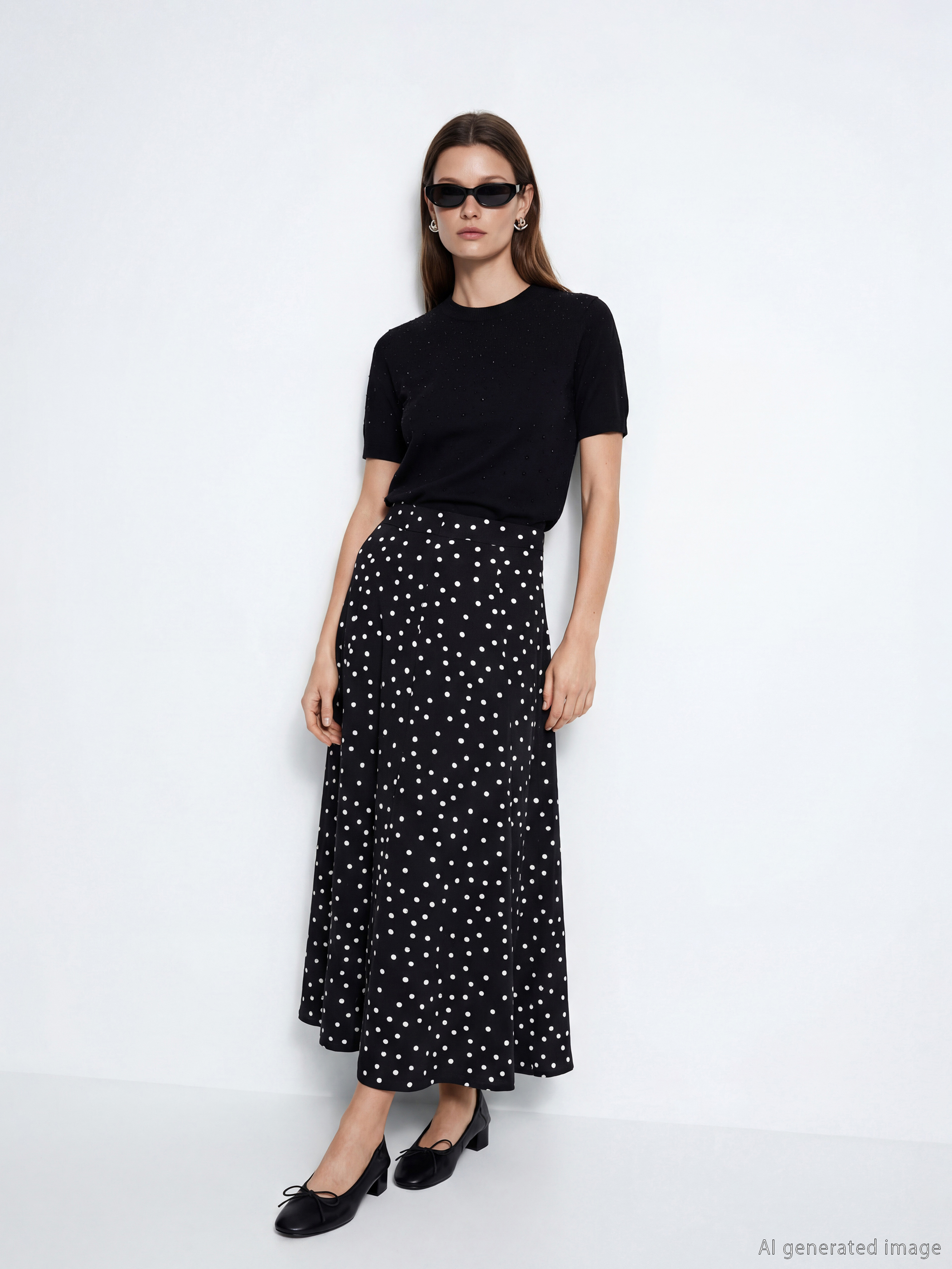 Siyah Beli Fermuarlı Puantiyeli Kloş Etek	-2