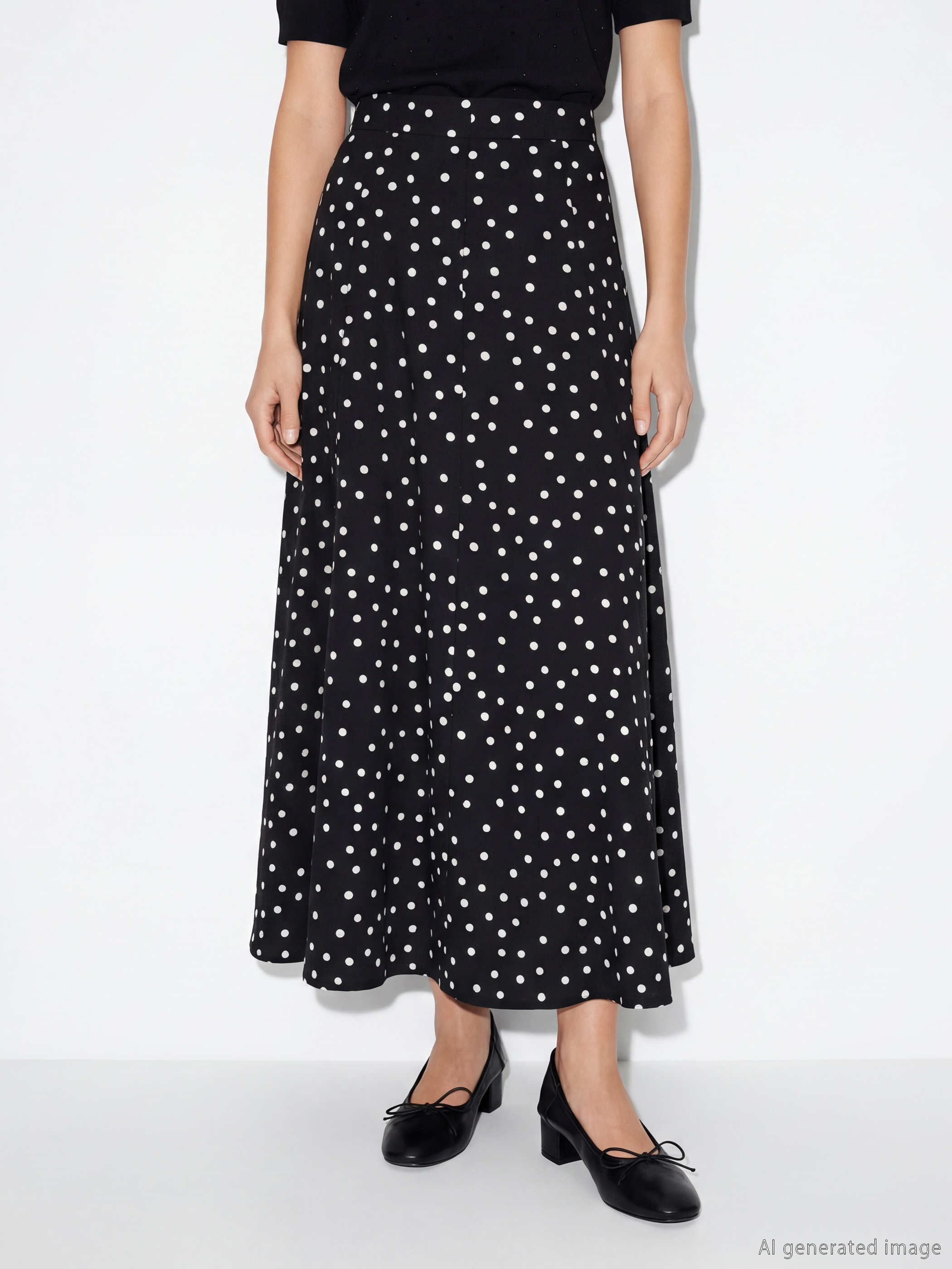 Siyah Beli Fermuarlı Puantiyeli Kloş Etek	-3