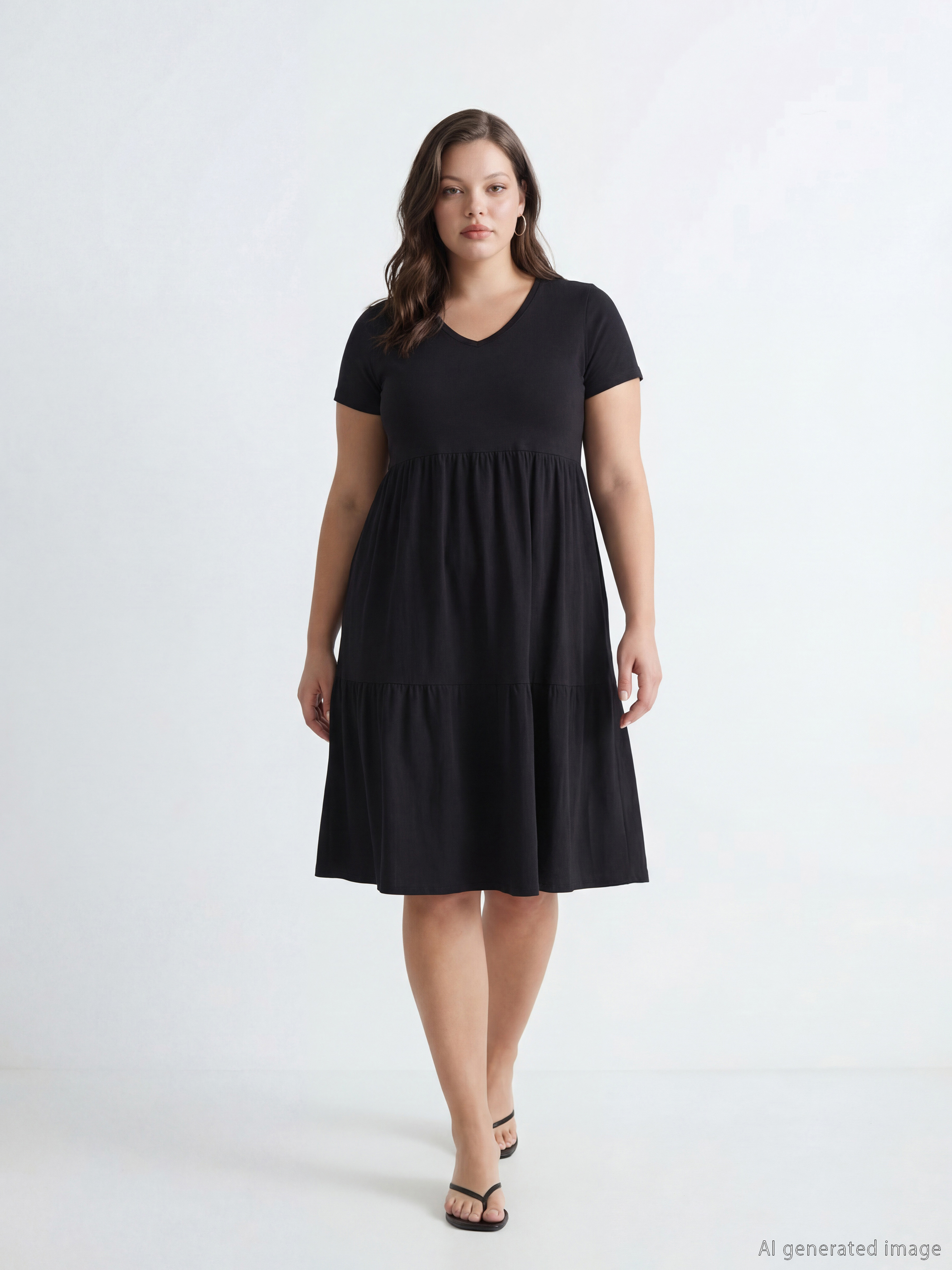 Siyah V Yaka Katkat Elbise-1