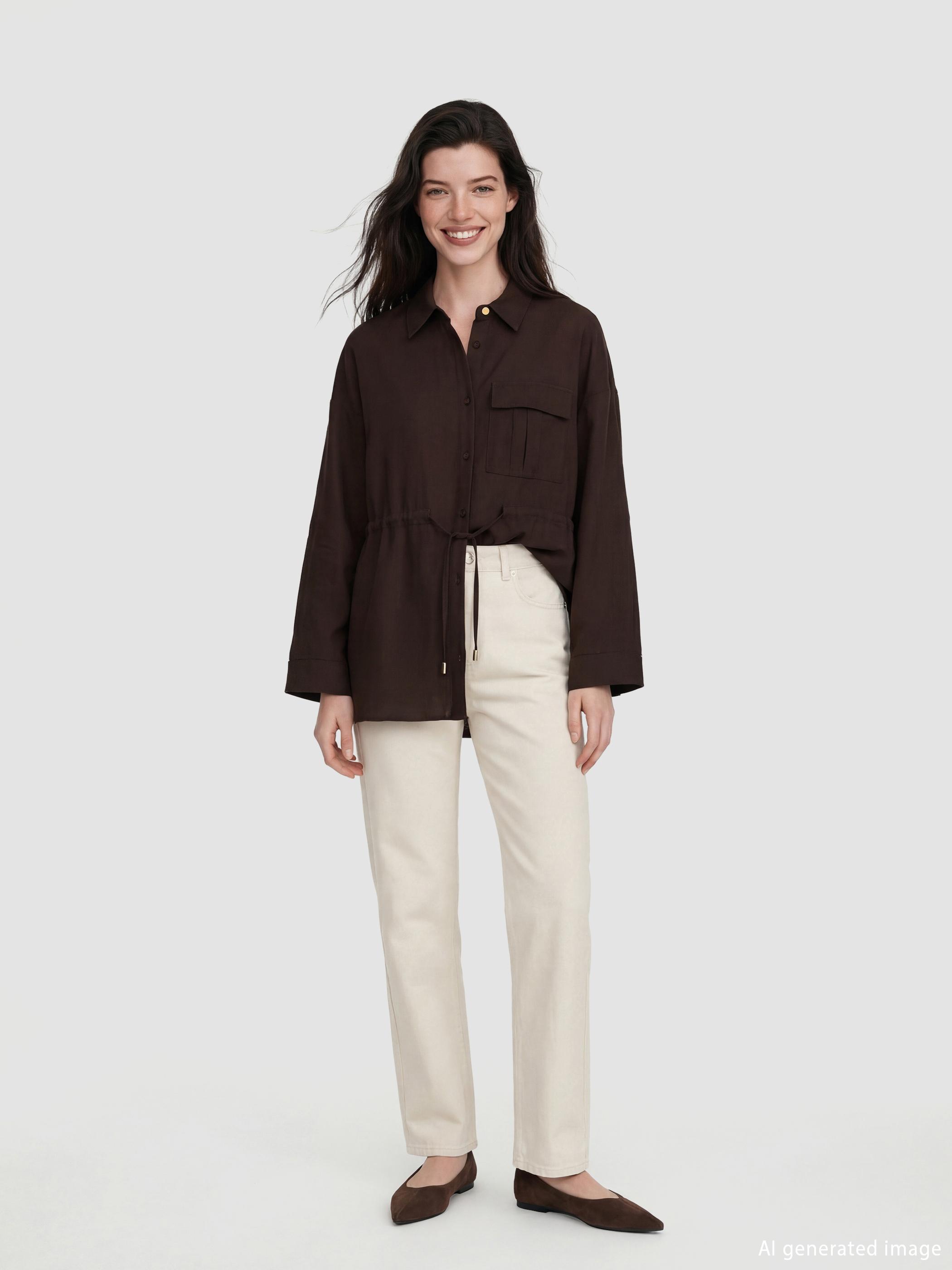 Kahverengi Bağlama Detaylı Büzgülü Kadın Gömlek-1