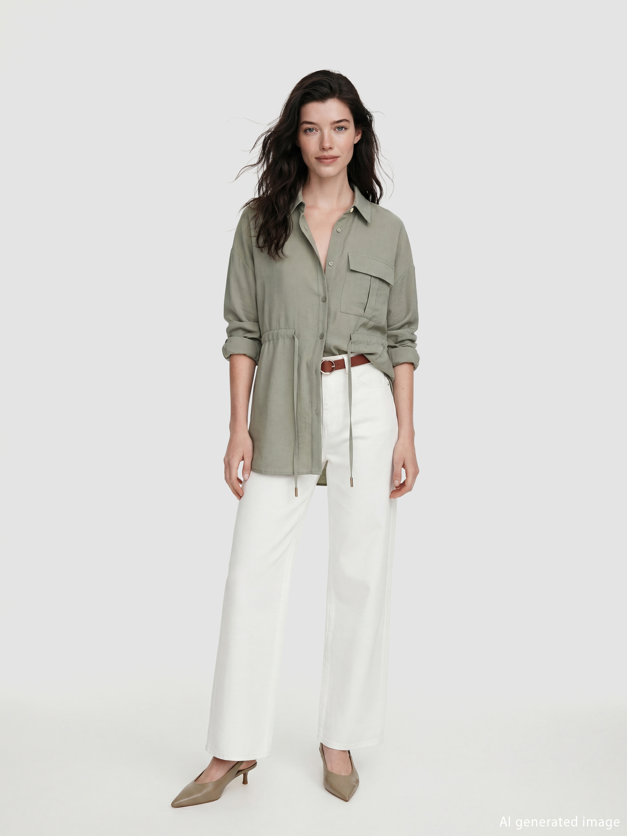 Yeşil Bağlama Detaylı Büzgülü Kadın Gömlek-1