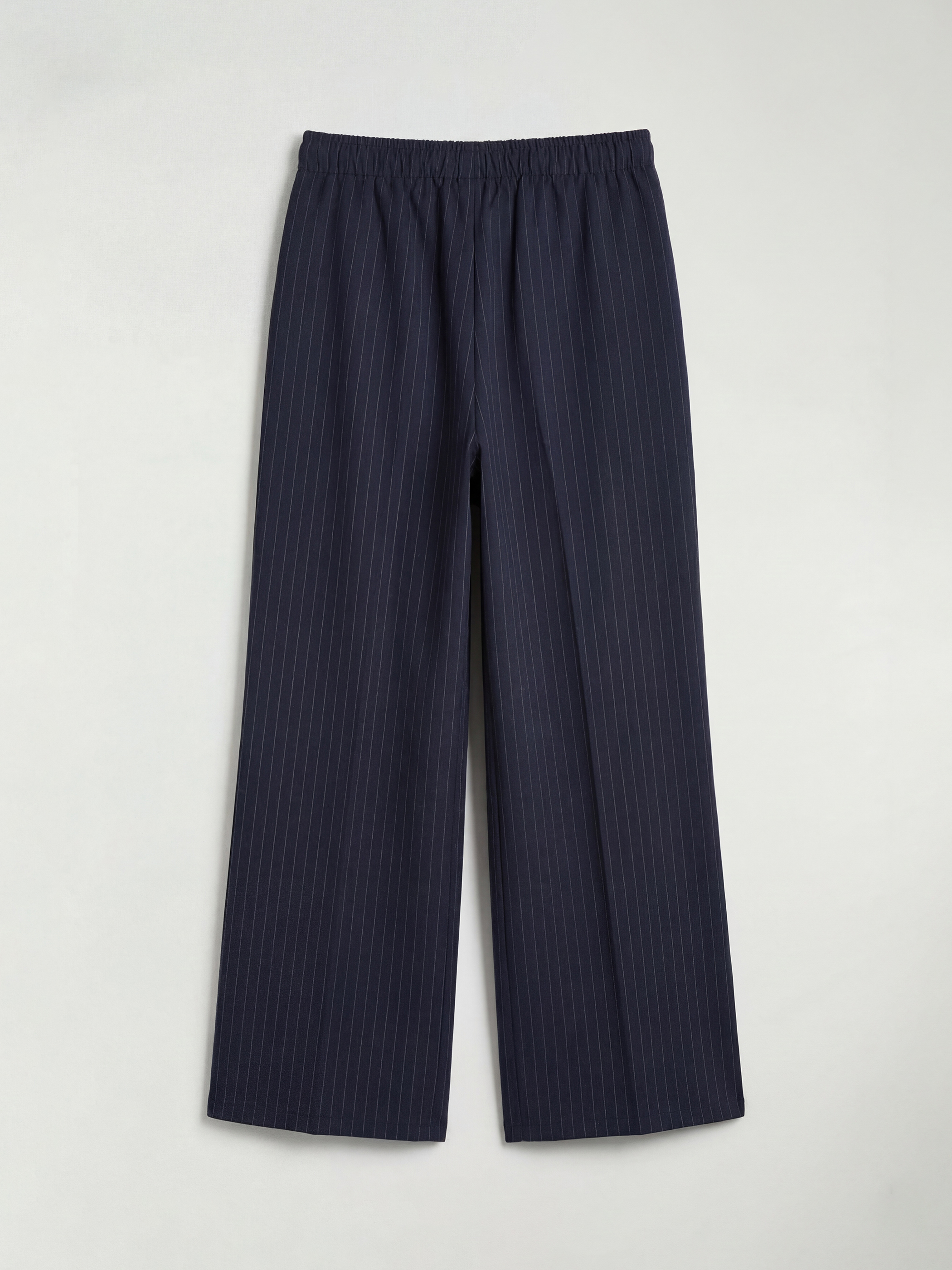 Lacivert Beli Lastikli Çizgili Geniş Paça Kadın Pantolon-1