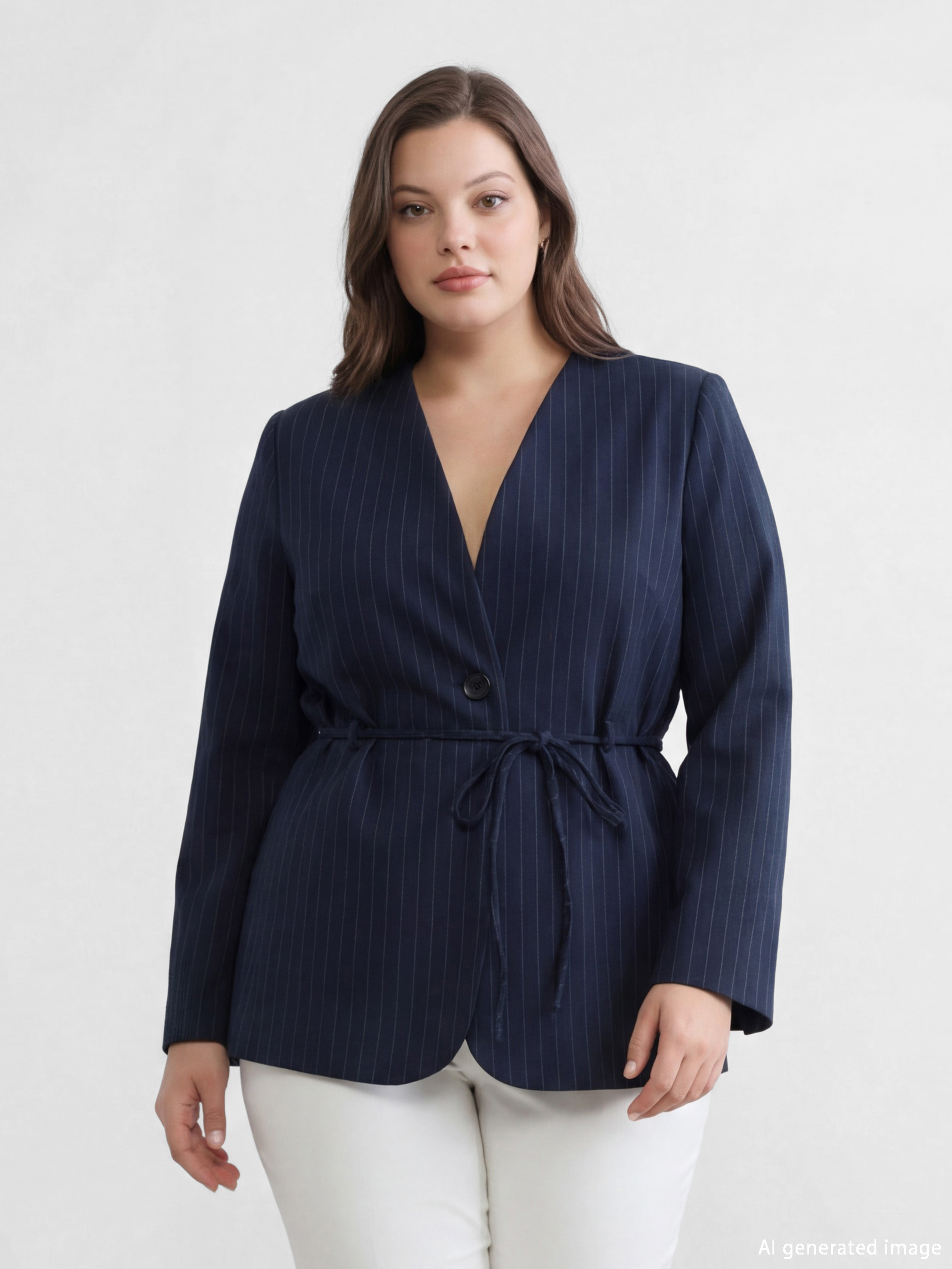 Lacivert Çizgili Kuşaklı Kadın Blazer Ceket-1