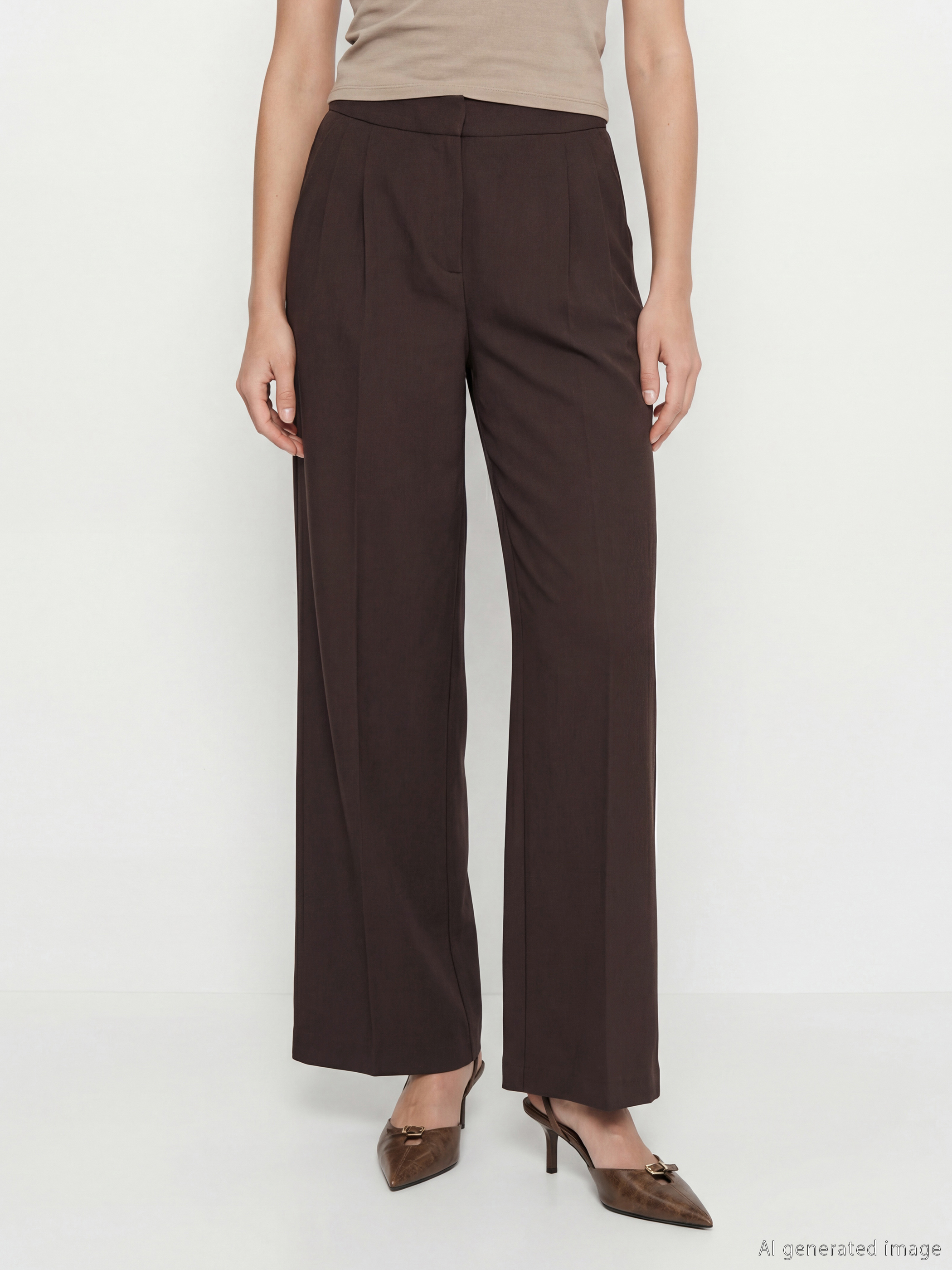 Kahverengi Loose Fit Geniş Paça Kadın Pileli Kumaş Pantolon-3