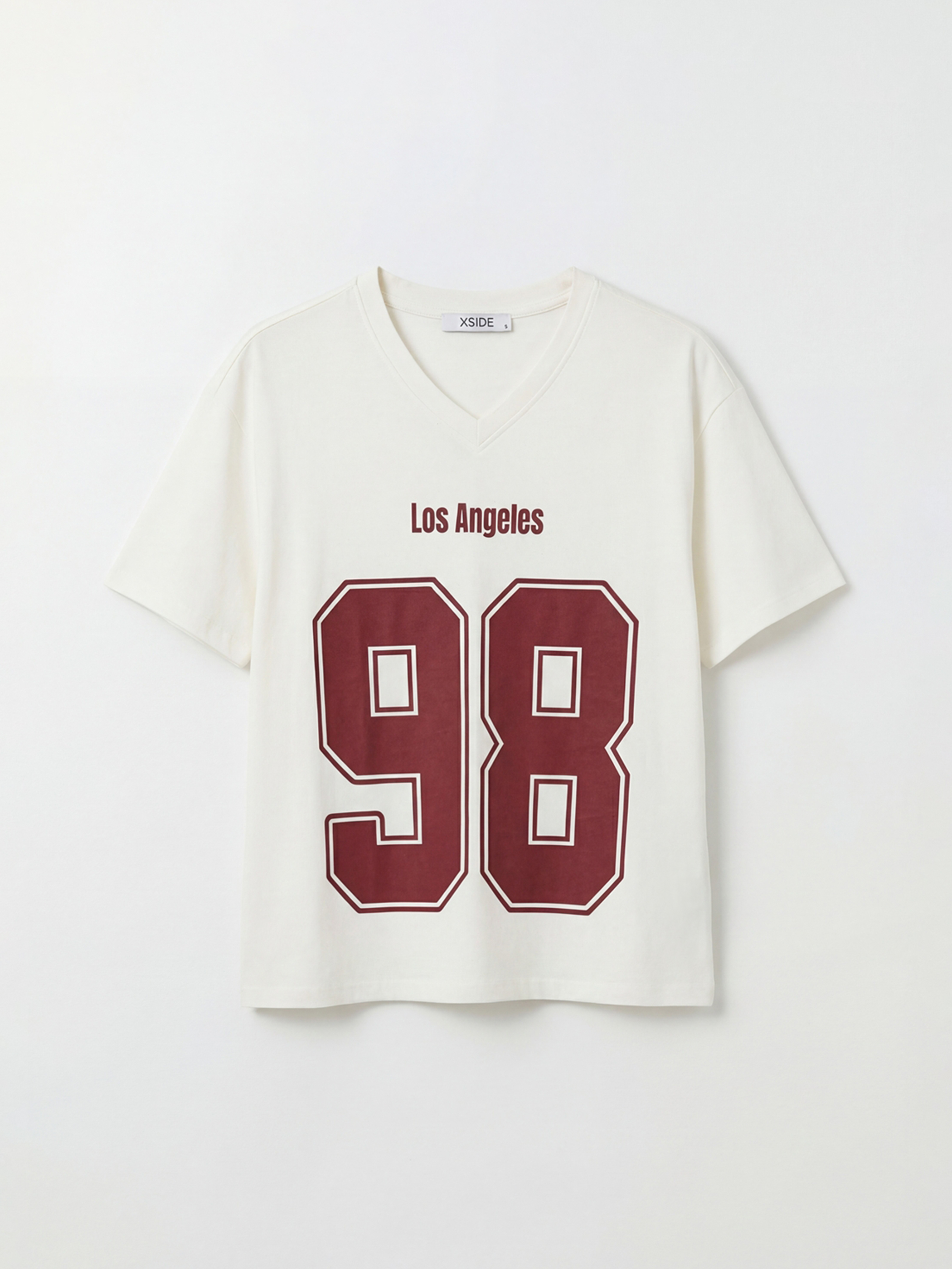 Tricou Oversize cu Imprimeu Los Angeles cu Decolteu în V pentru Femei-4