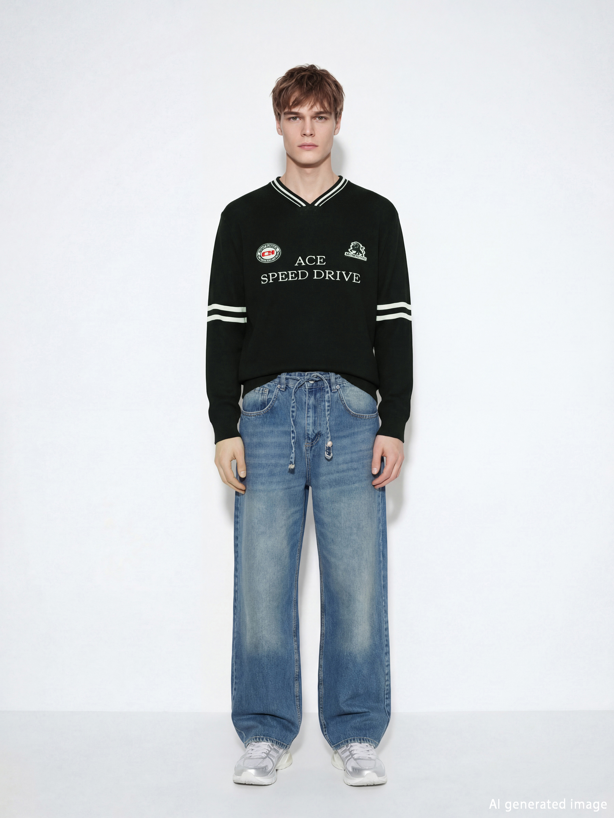 Siyah V Yaka Desenli Erkek Triko Kazak-1