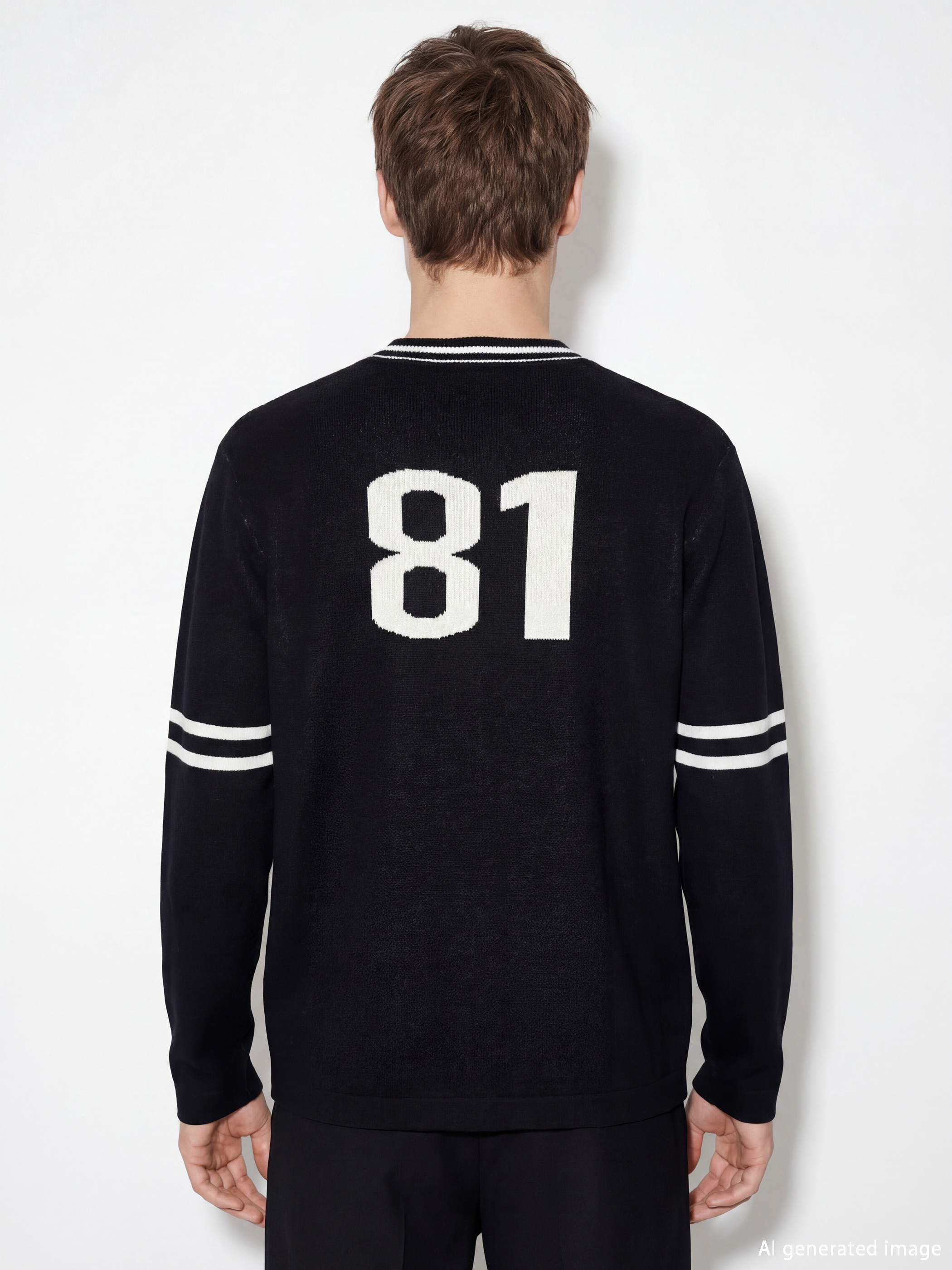 Siyah V Yaka Desenli Erkek Triko Kazak-3