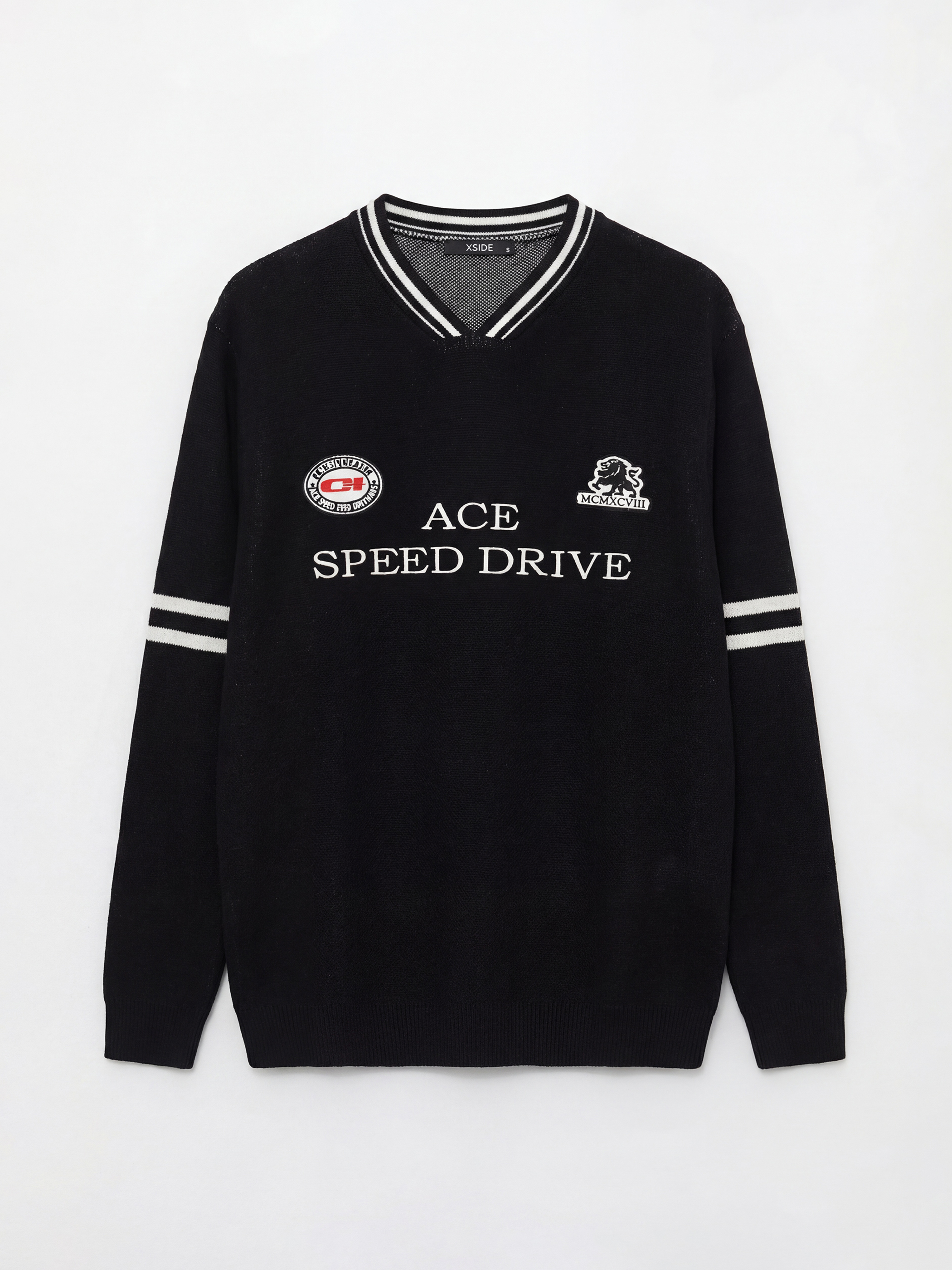 Siyah V Yaka Desenli Erkek Triko Kazak-5