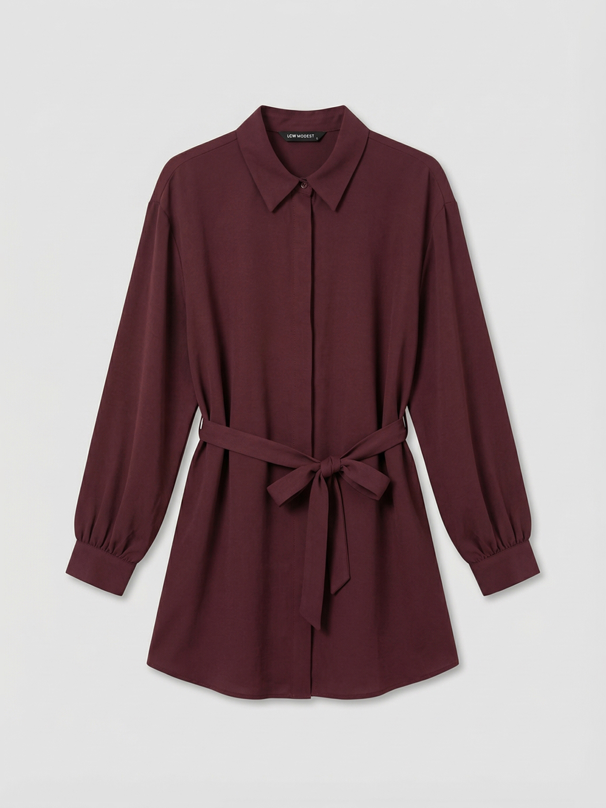 Bordo Beli Kuşaklı Oversize Kadın Gömlek Tunik-4