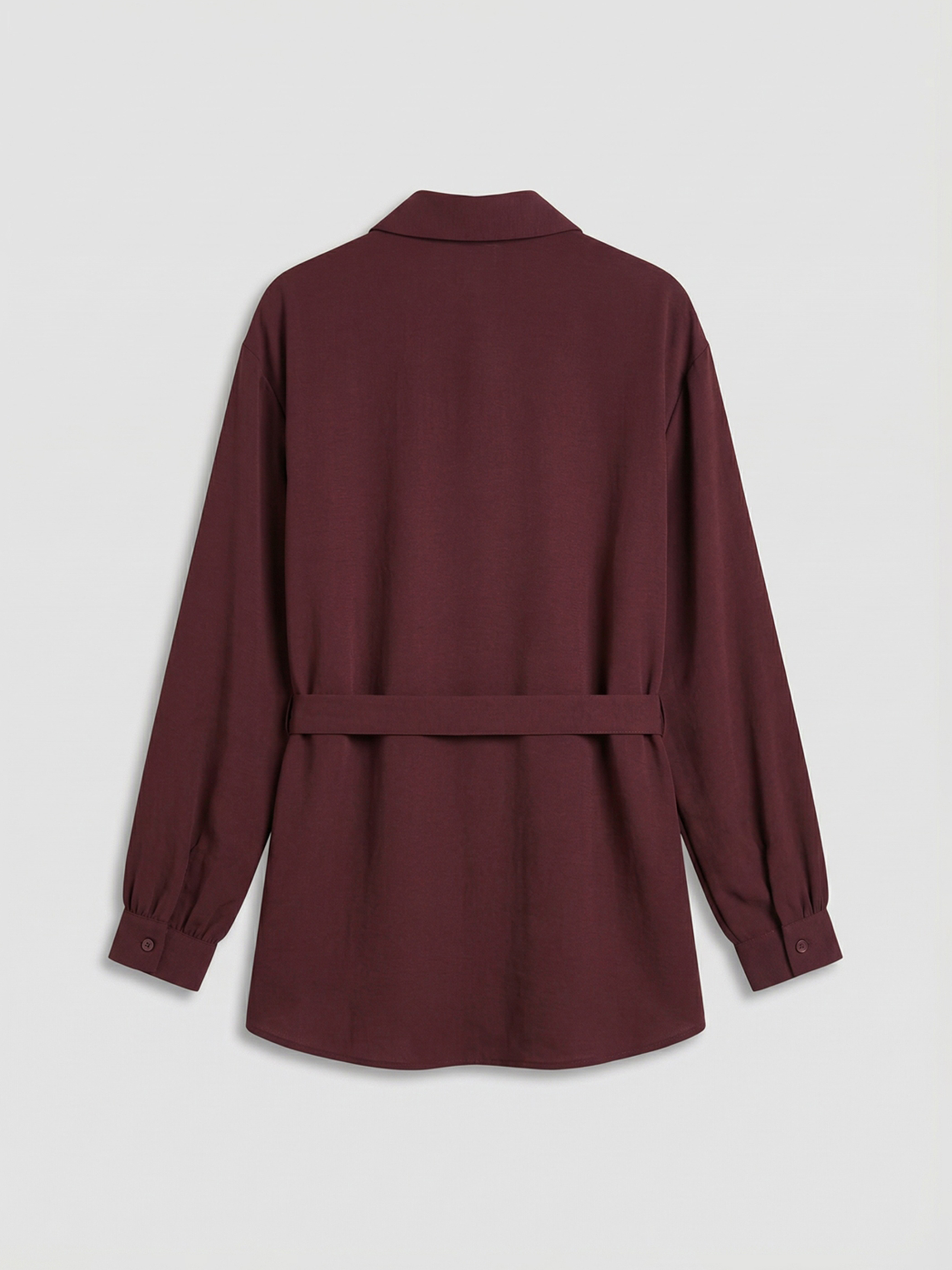 Bordo Beli Kuşaklı Oversize Kadın Gömlek Tunik-5