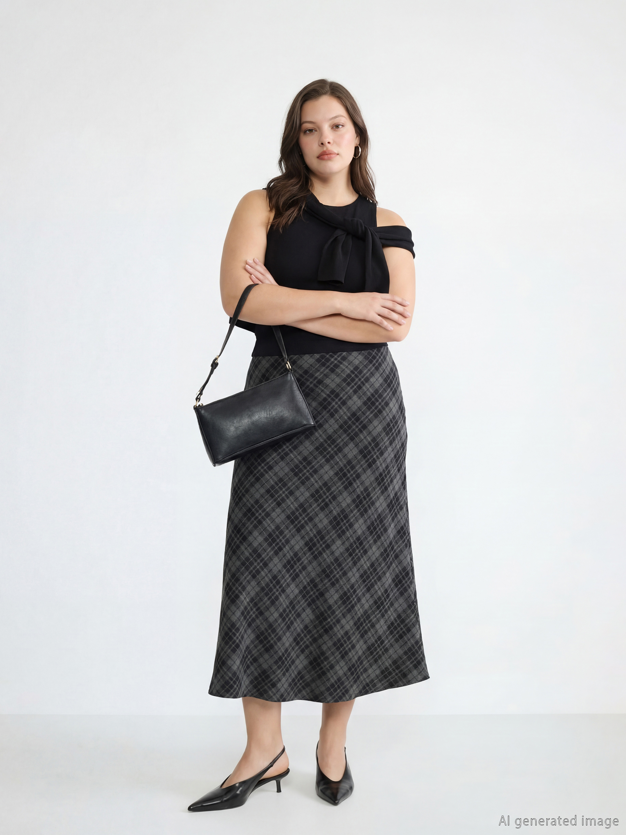 Клетчатая расклешённая юбка с молнией на талии-1