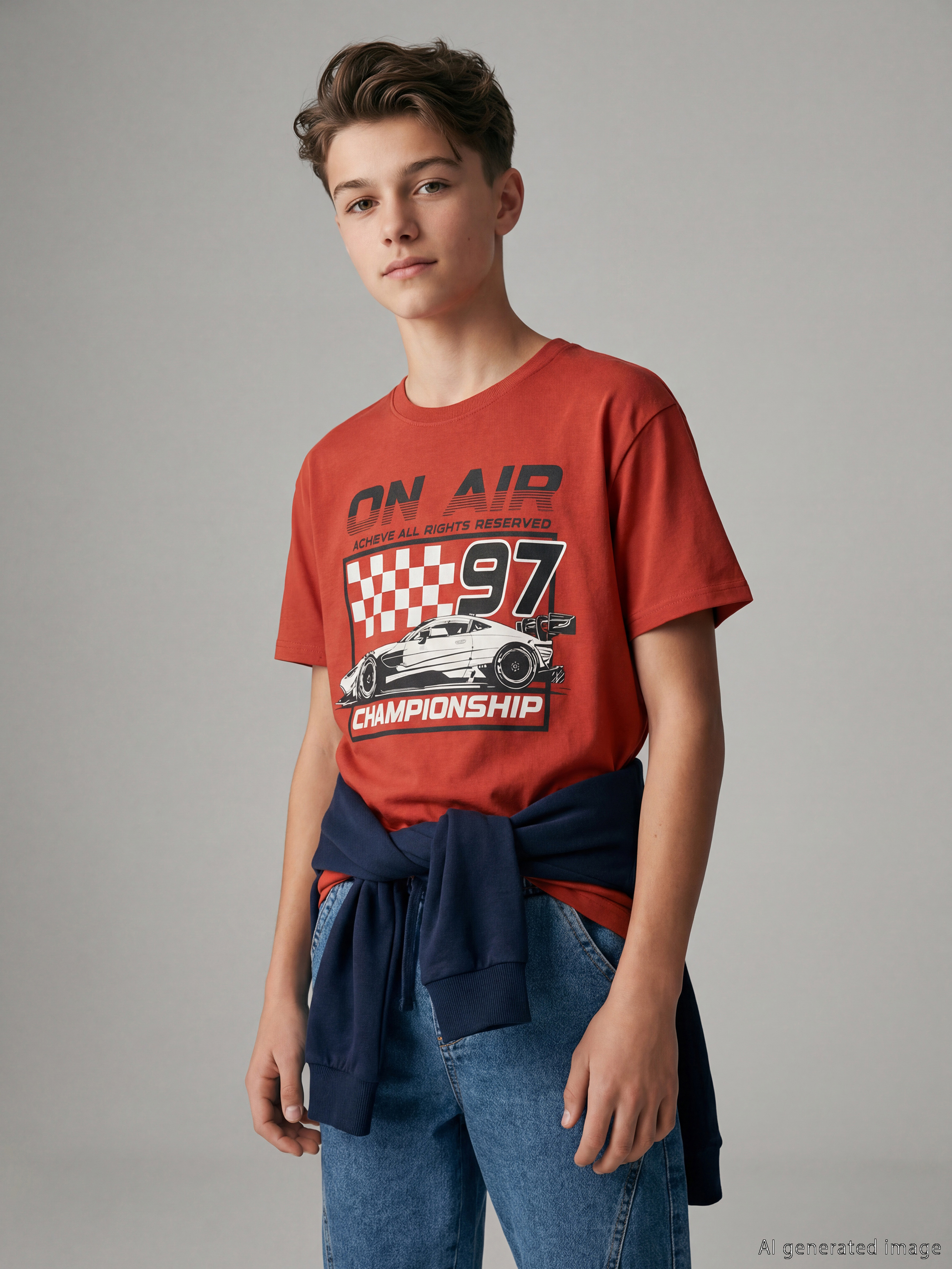 Turuncu Bisiklet Yaka Baskılı Erkek Çocuk Tişört-1