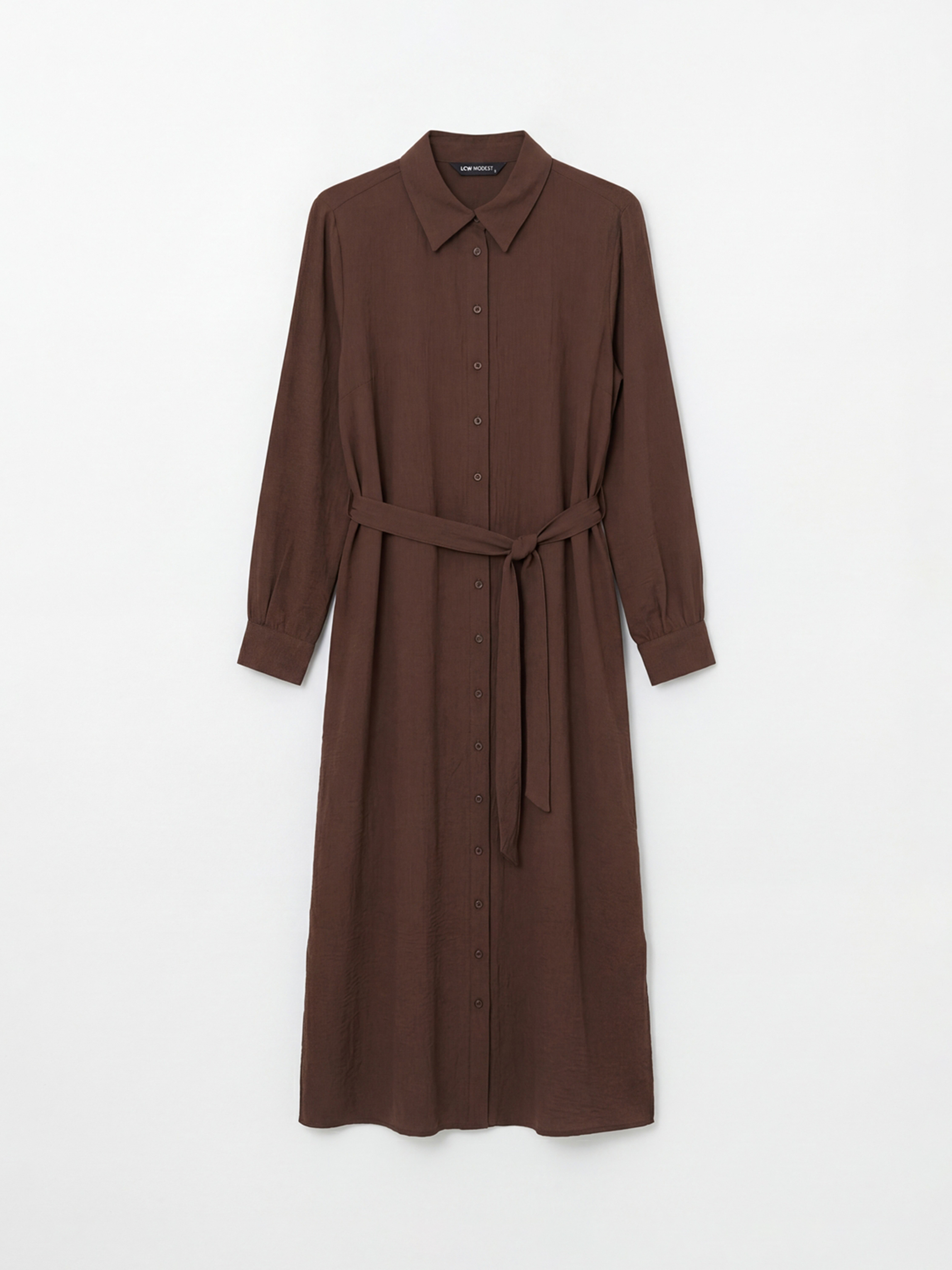 Kahverengi Dokulu Kuşaklı Gömlek Elbise-4