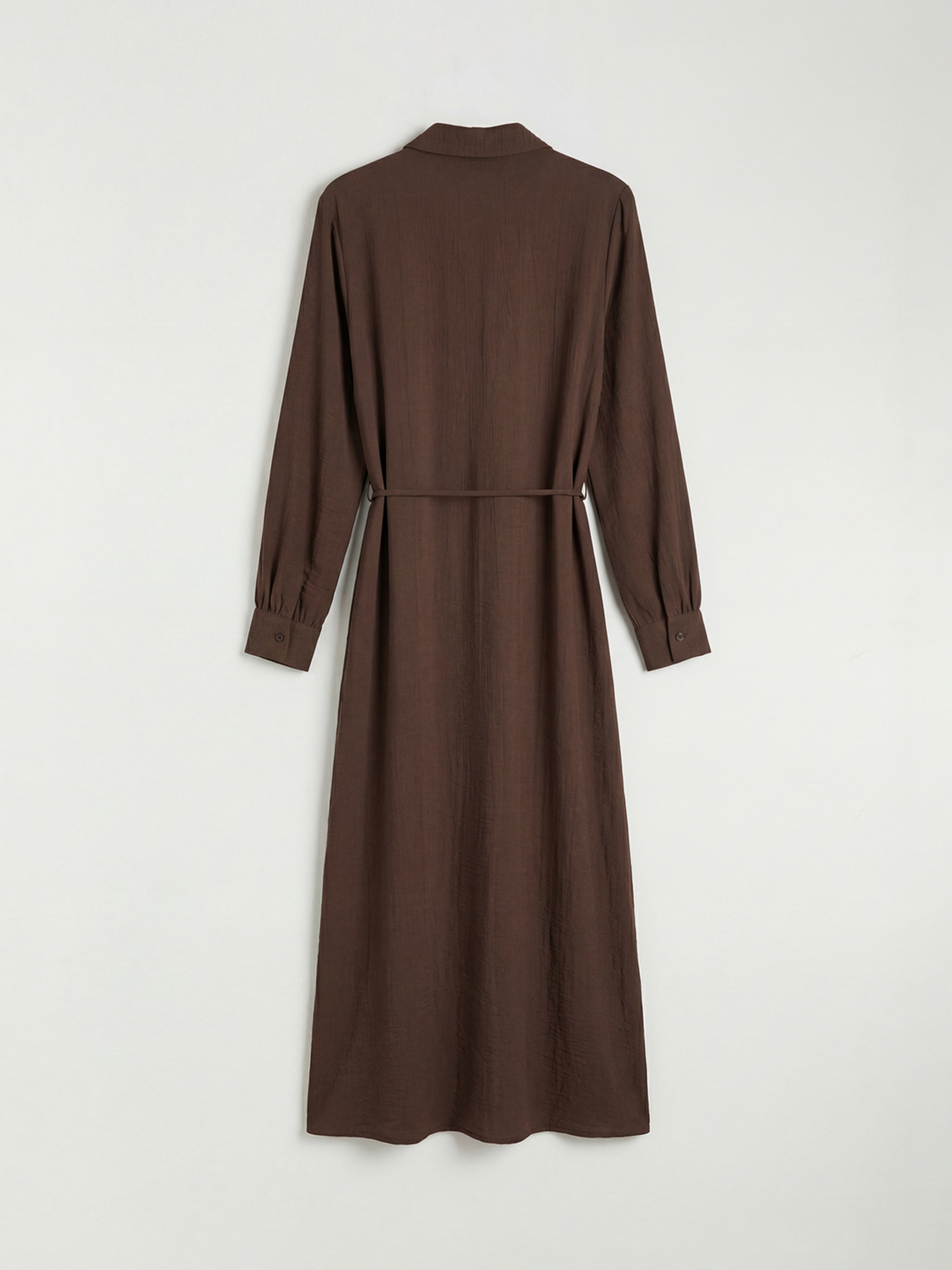 Kahverengi Dokulu Kuşaklı Gömlek Elbise-5