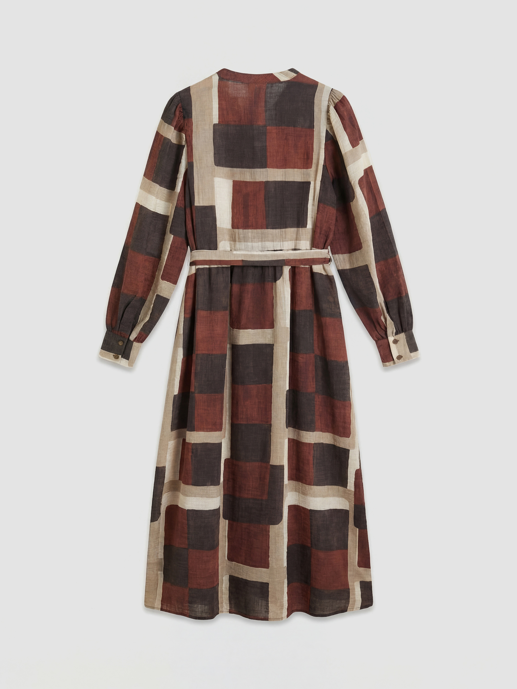 Kahverengi Hakim Yaka Desenli Belden Oturtmalı Gömlek Elbise-1