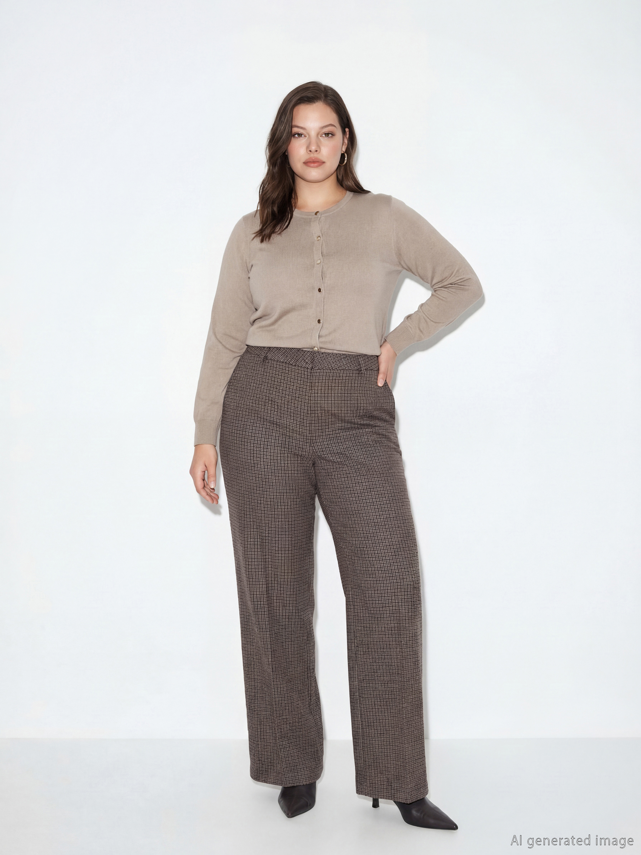 Kahverengi Standart Fit Ekose Kadın Pantolon-1