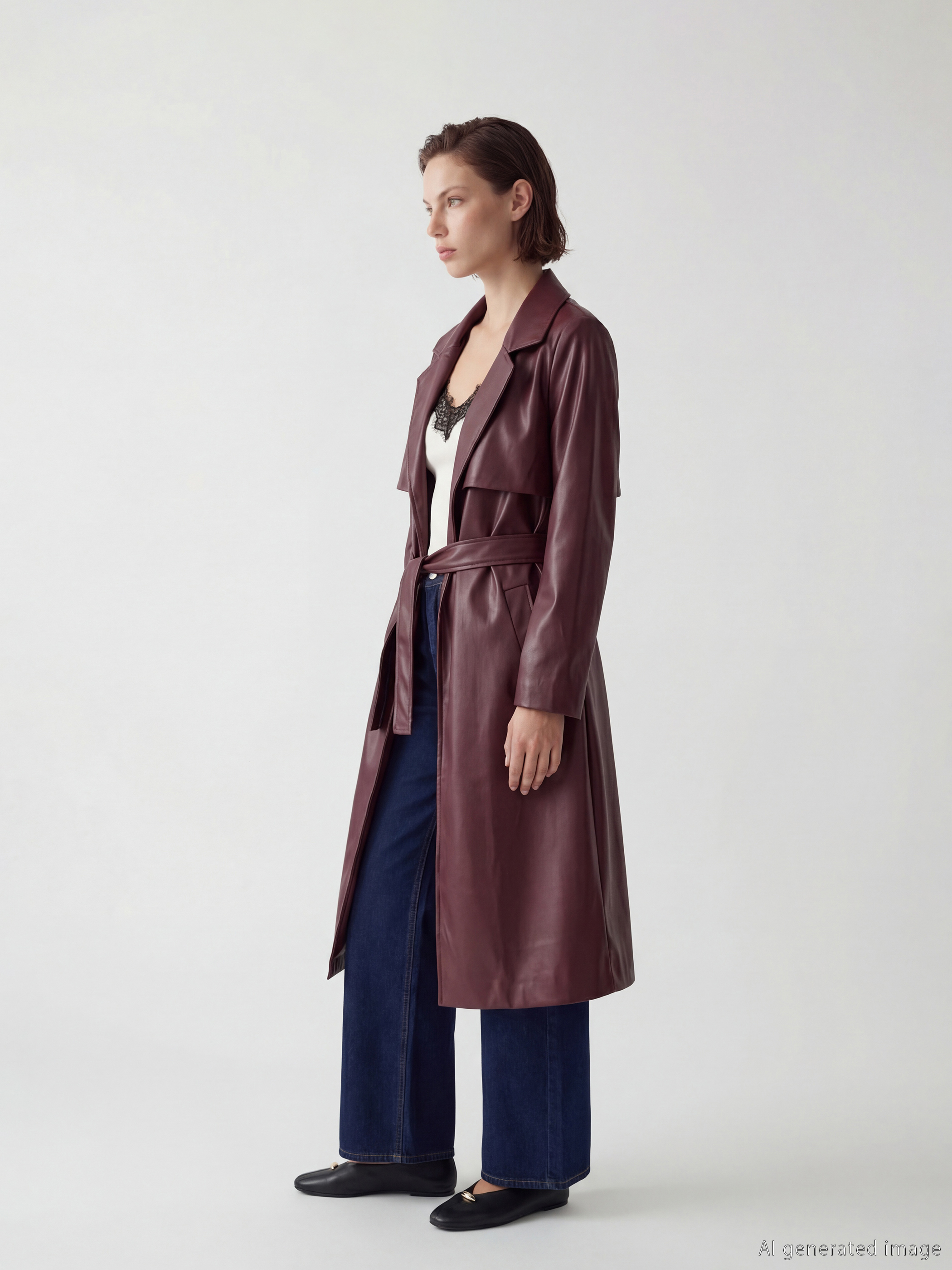 LCW Vision جاكيت برقبة حريمي من الجلد الصناعي ستايل ترنش كوت