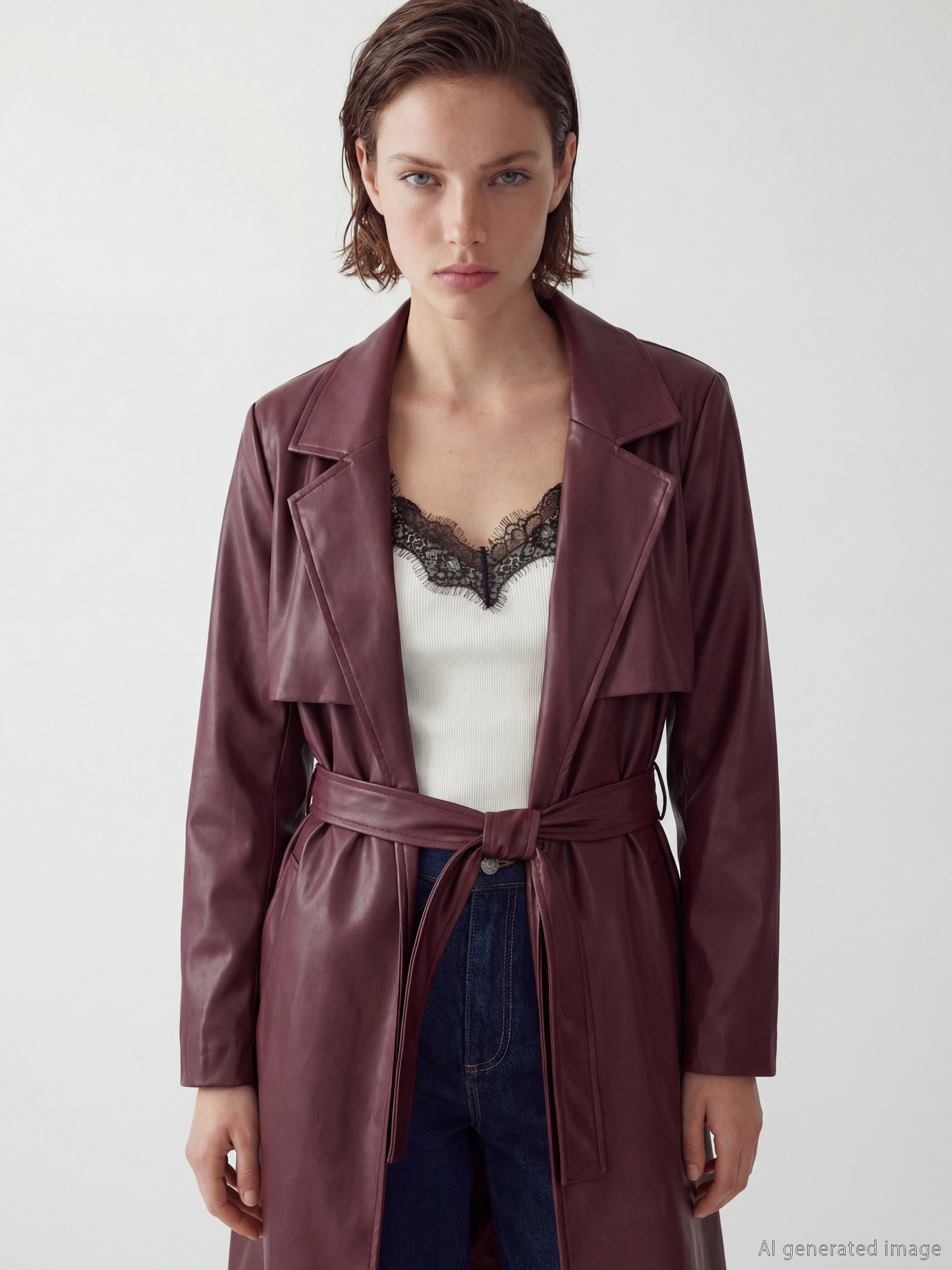 Jacket Neck Women's Faux Leather Trenchcoat	
-1