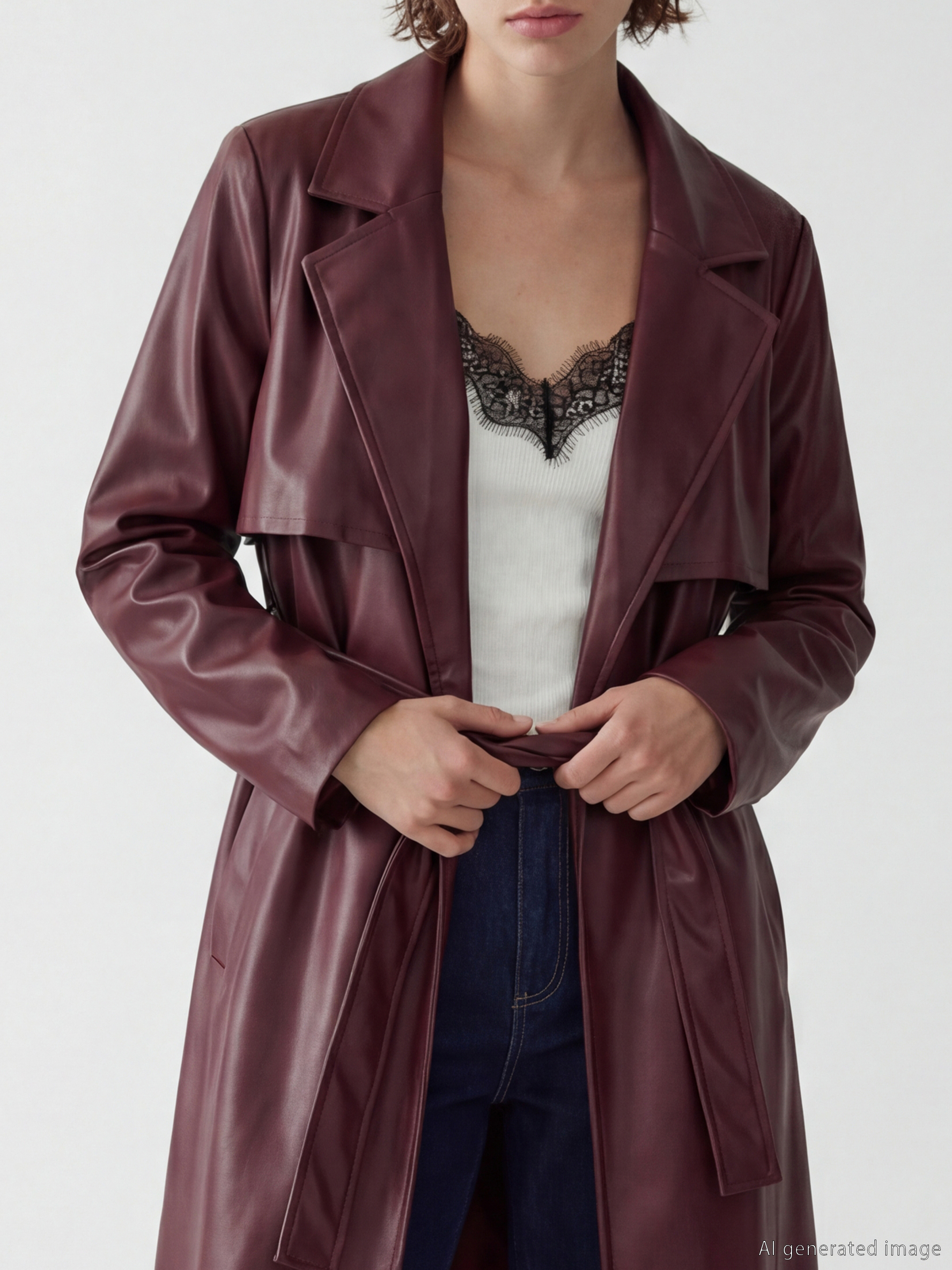 Jacket Neck Women's Faux Leather Trenchcoat	
-2