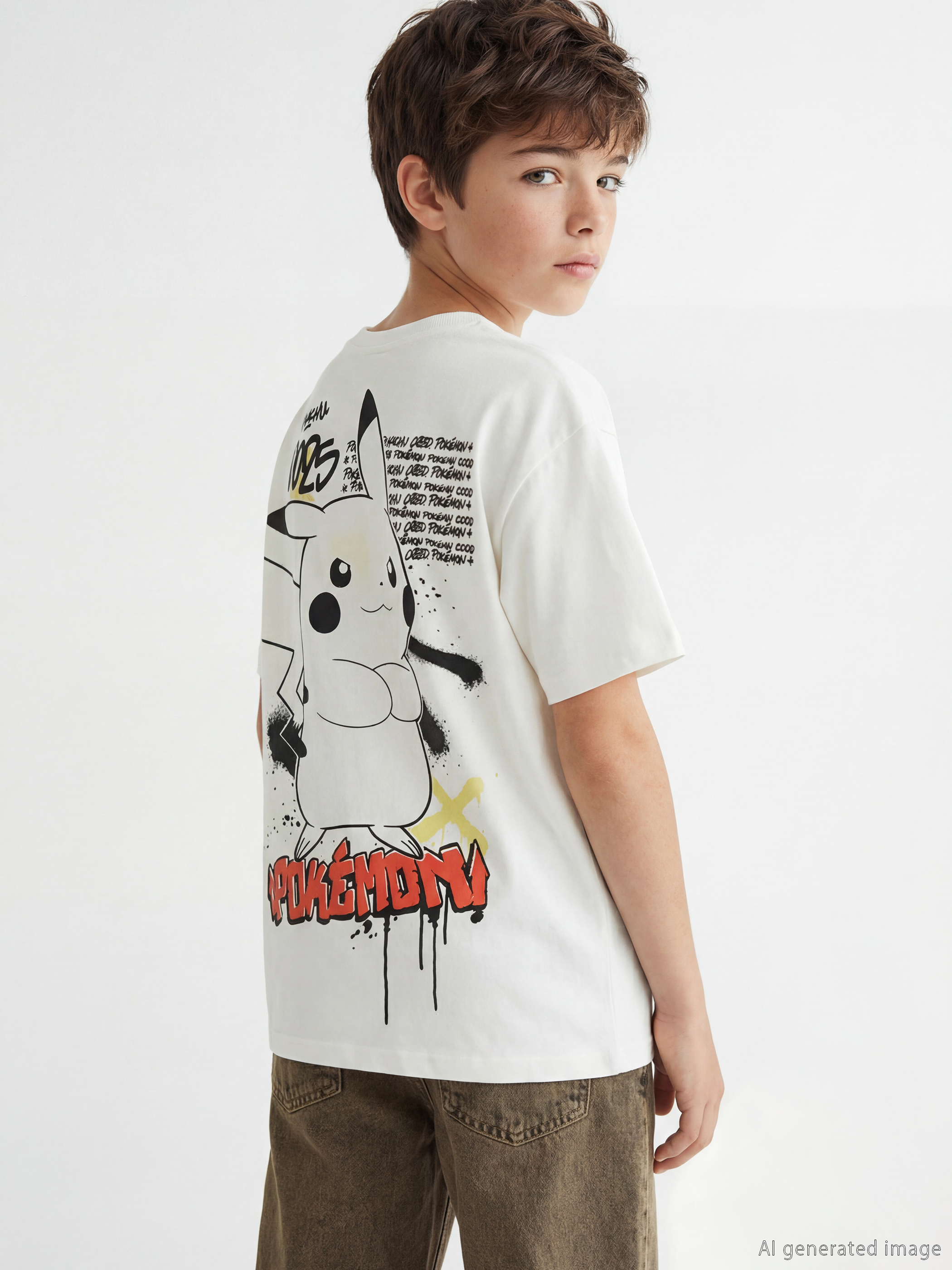 Ekru Pikachu Baskılı Erkek Çocuk Tişört-1