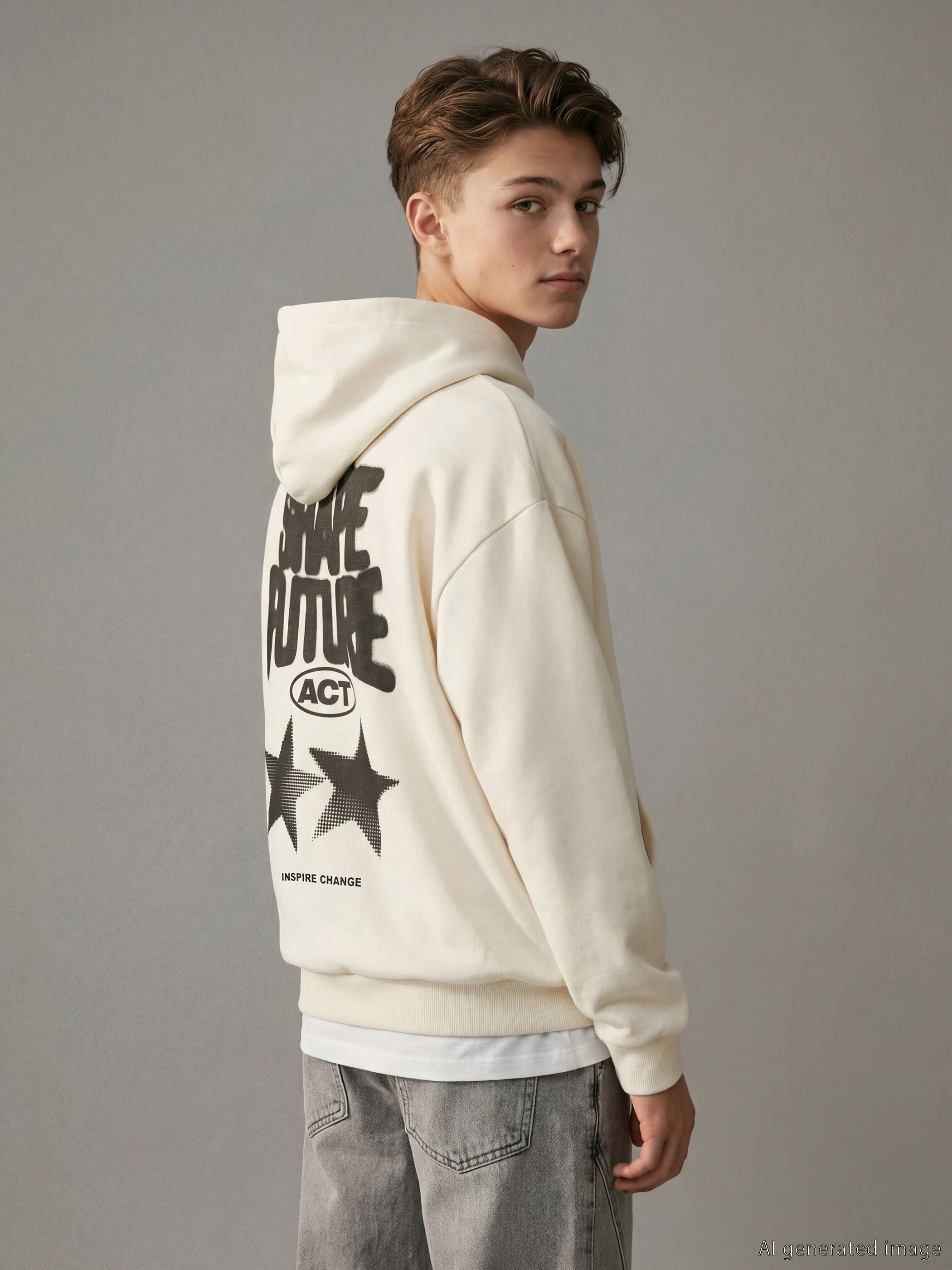 Ekru Baskılı Erkek Çocuk Kapüşonlu Sweatshirt-1