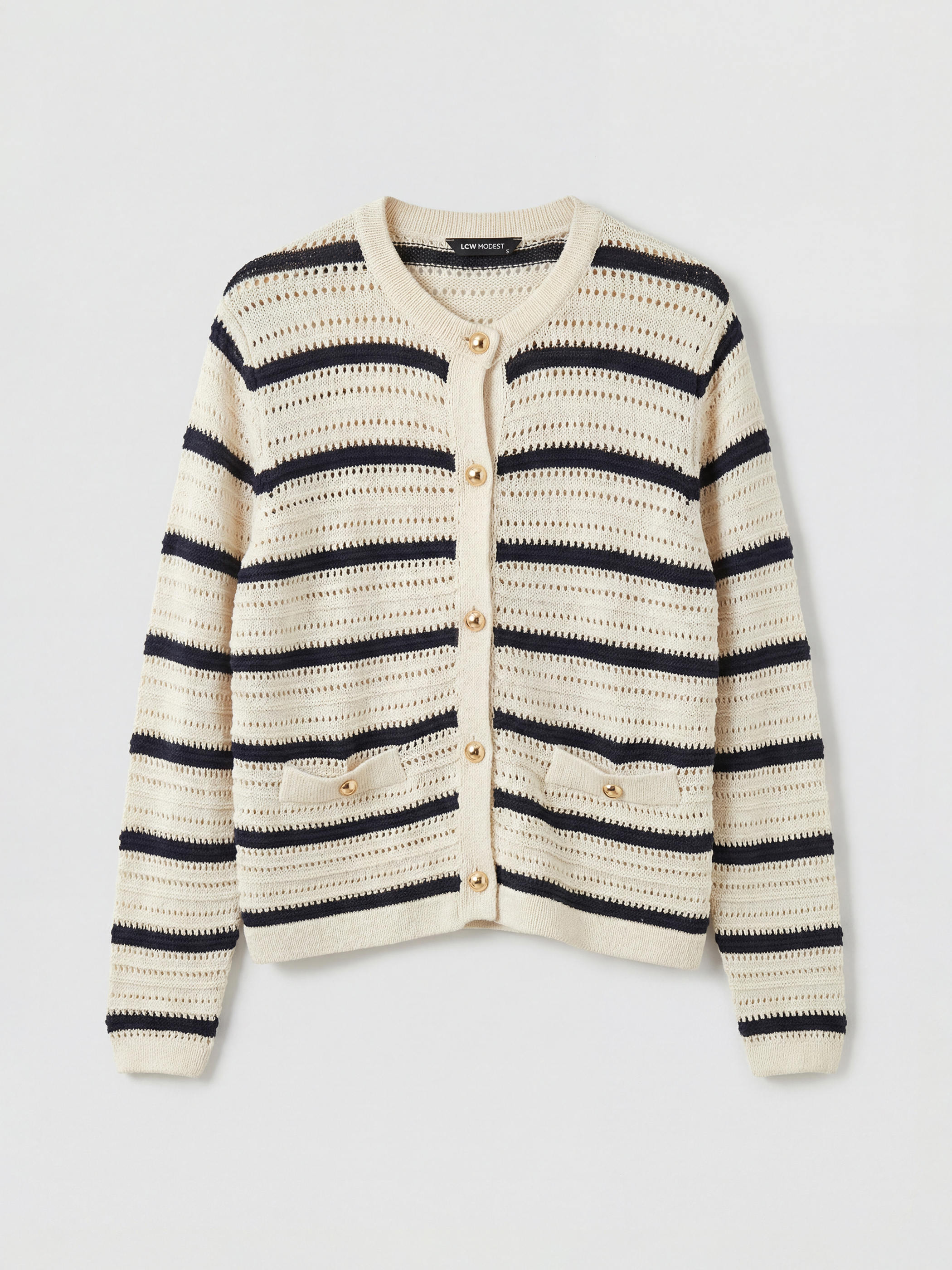 LCW Modest Bisiklet Yaka Çizgili Kadın Triko Hırka - S6KN34Z8-LGS