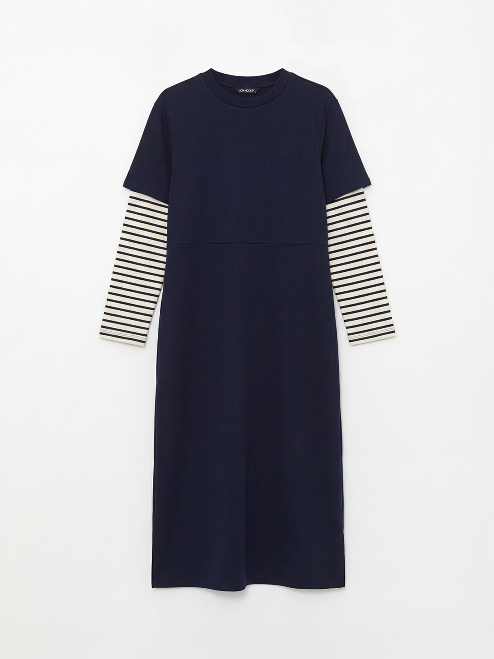 Lacivert Bisiklet Yaka Çizgili Sweat Elbise	-4