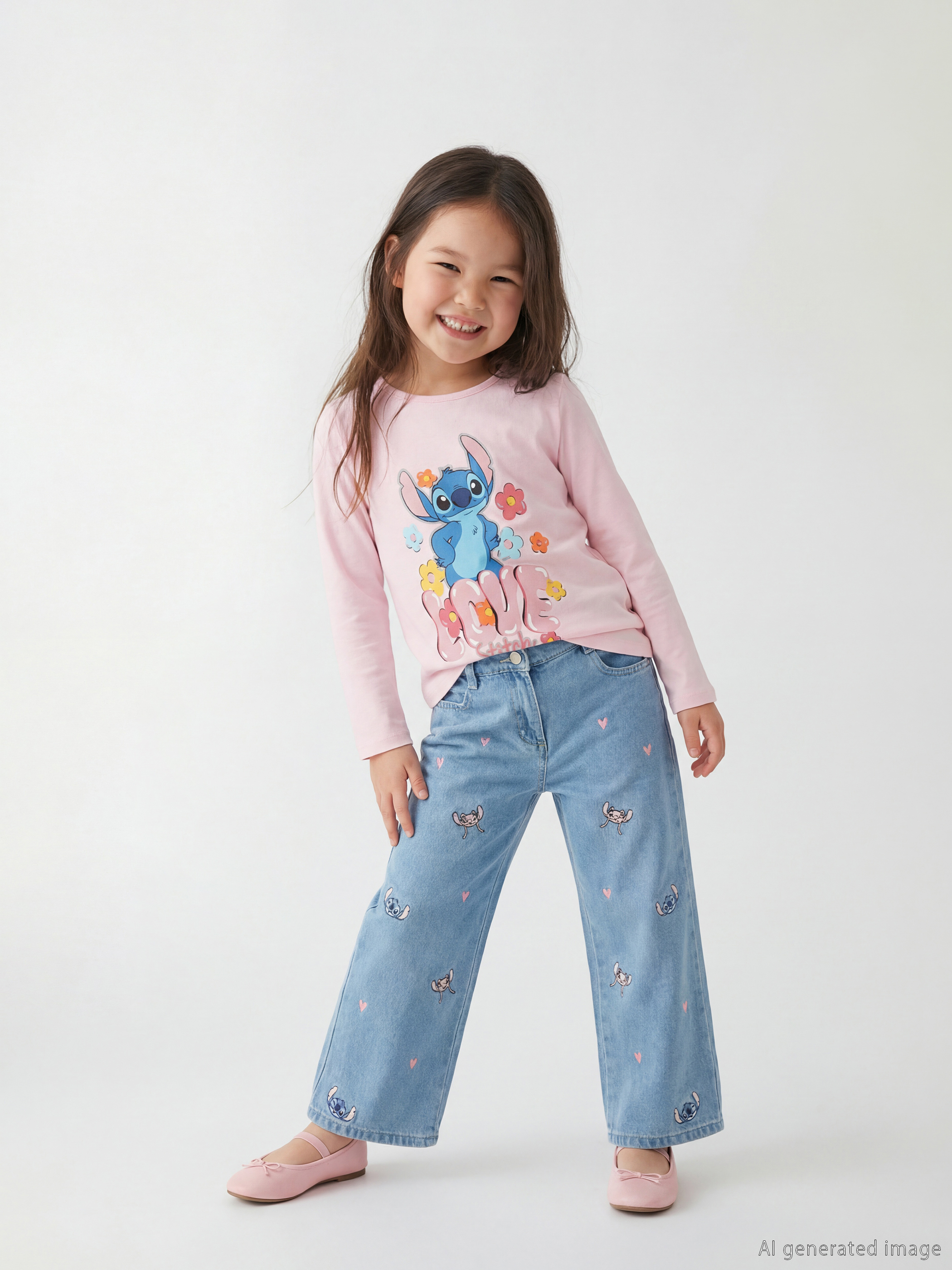 LCW Kids Stitch ve Angel Nakışlı Kız Çocuk Jean Pantolon - S6KU68Z1-LR1