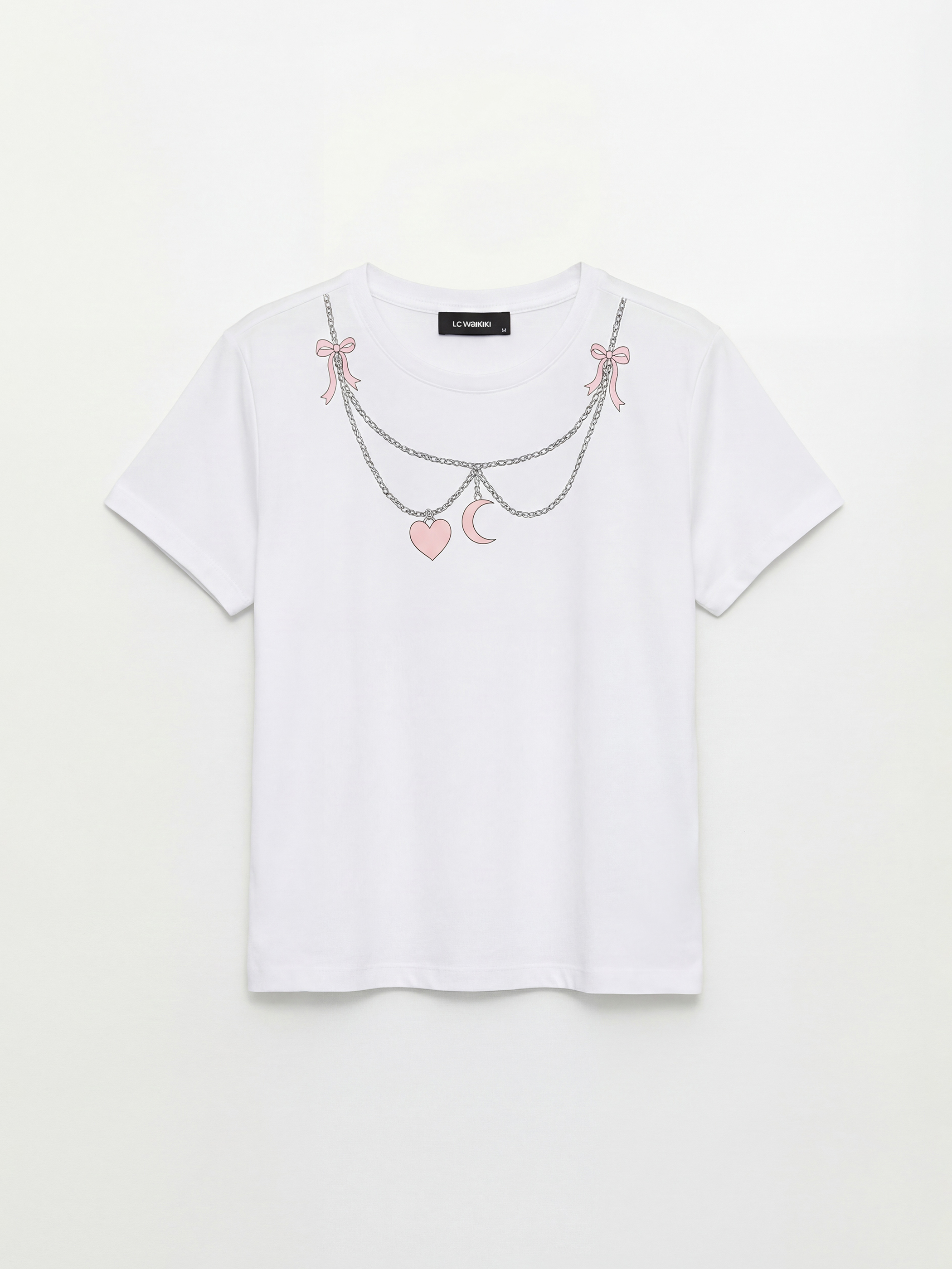 Beyaz Bisiklet Yaka Baskılı Kadın Tişört-4