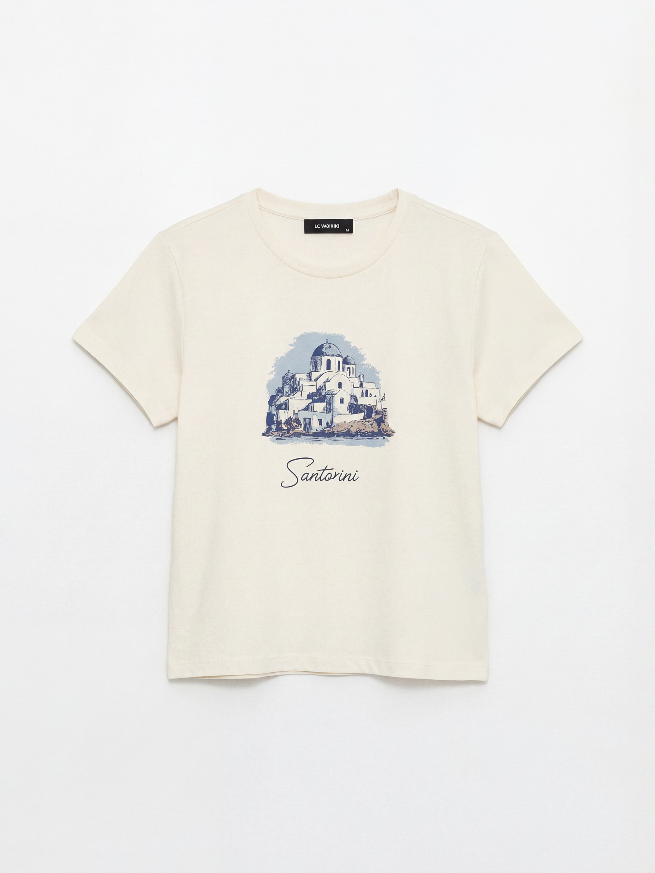 Ekru Bisiklet Yaka Santorini Baskılı Kadın Tişört-4