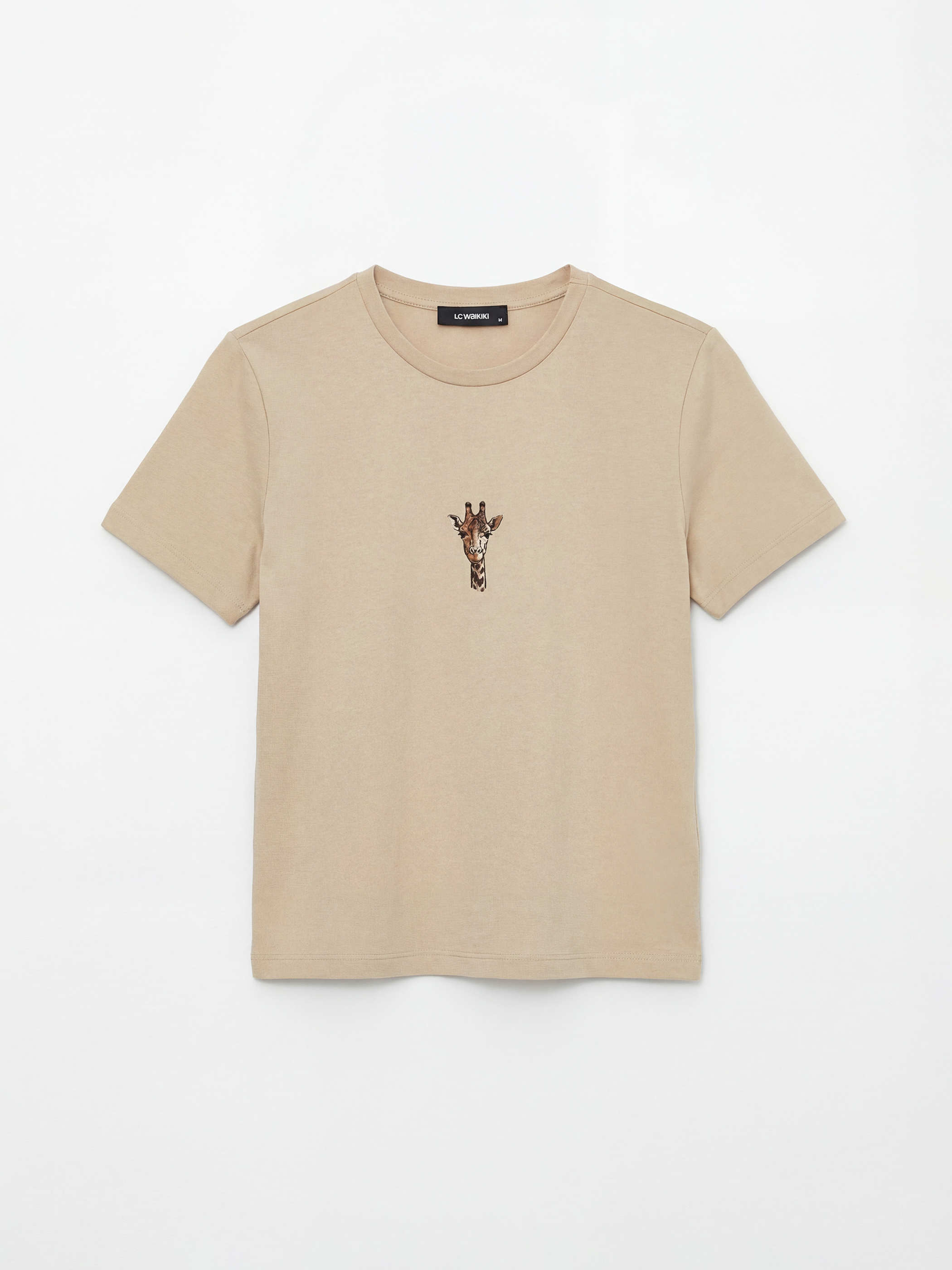 Bej Bisiklet Yaka Zürafa Baskılı Kadın Tişört-4