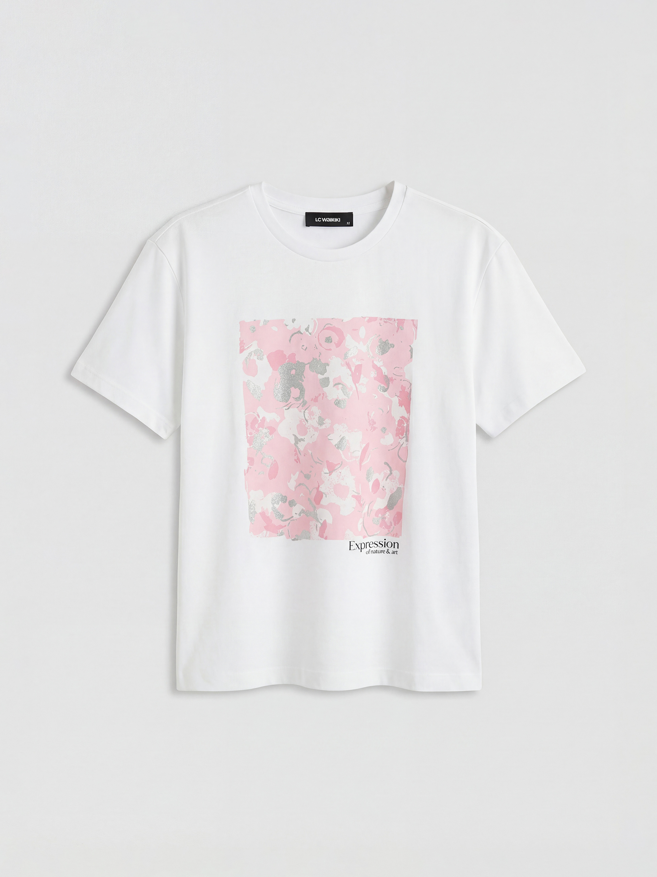 Beyaz Bisiklet Yaka Baskılı Kadın Tişört-4