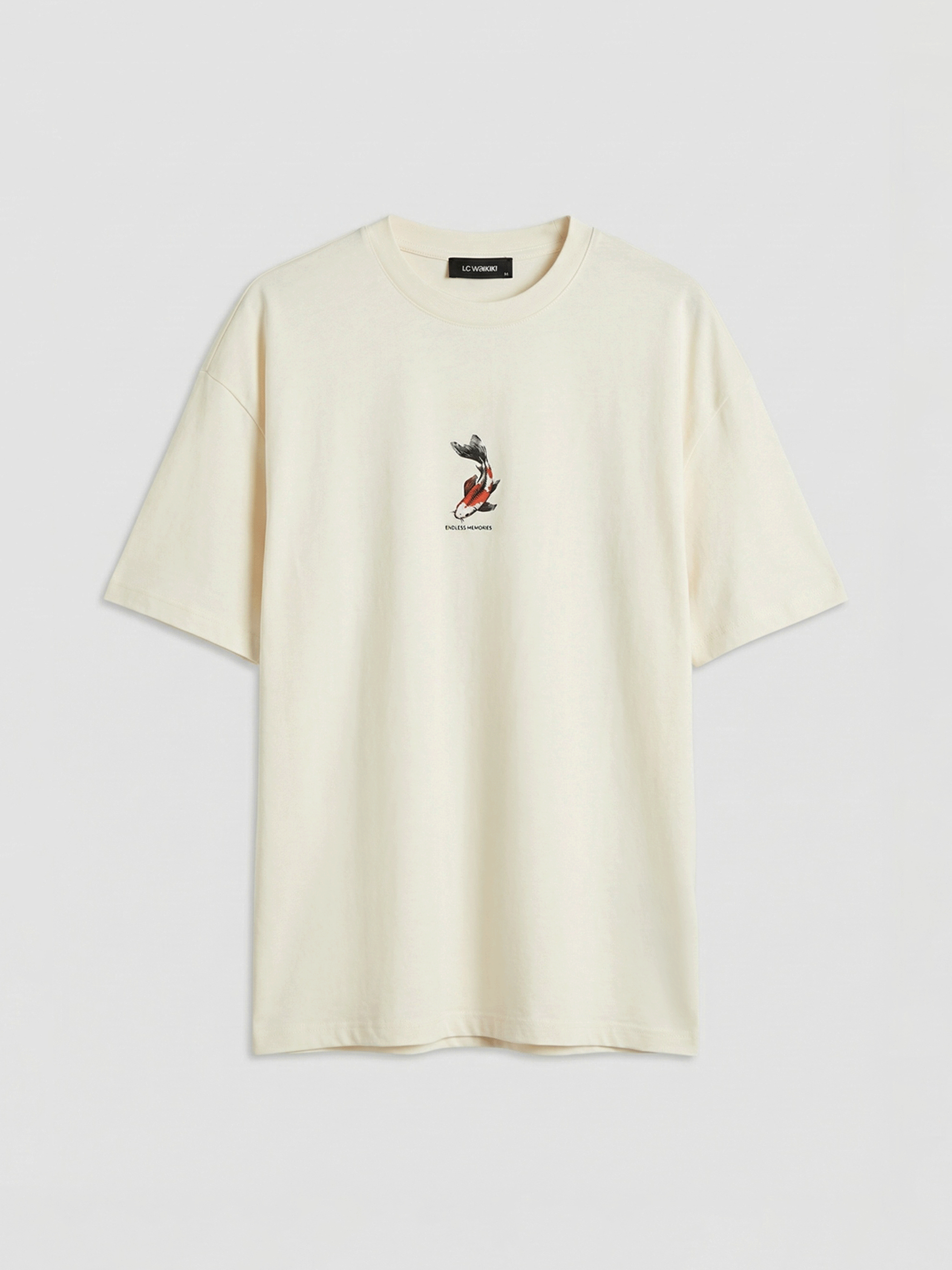 Ekru Bisiklet Yaka Balık Baskılı Oversize Kadın Tişört-4