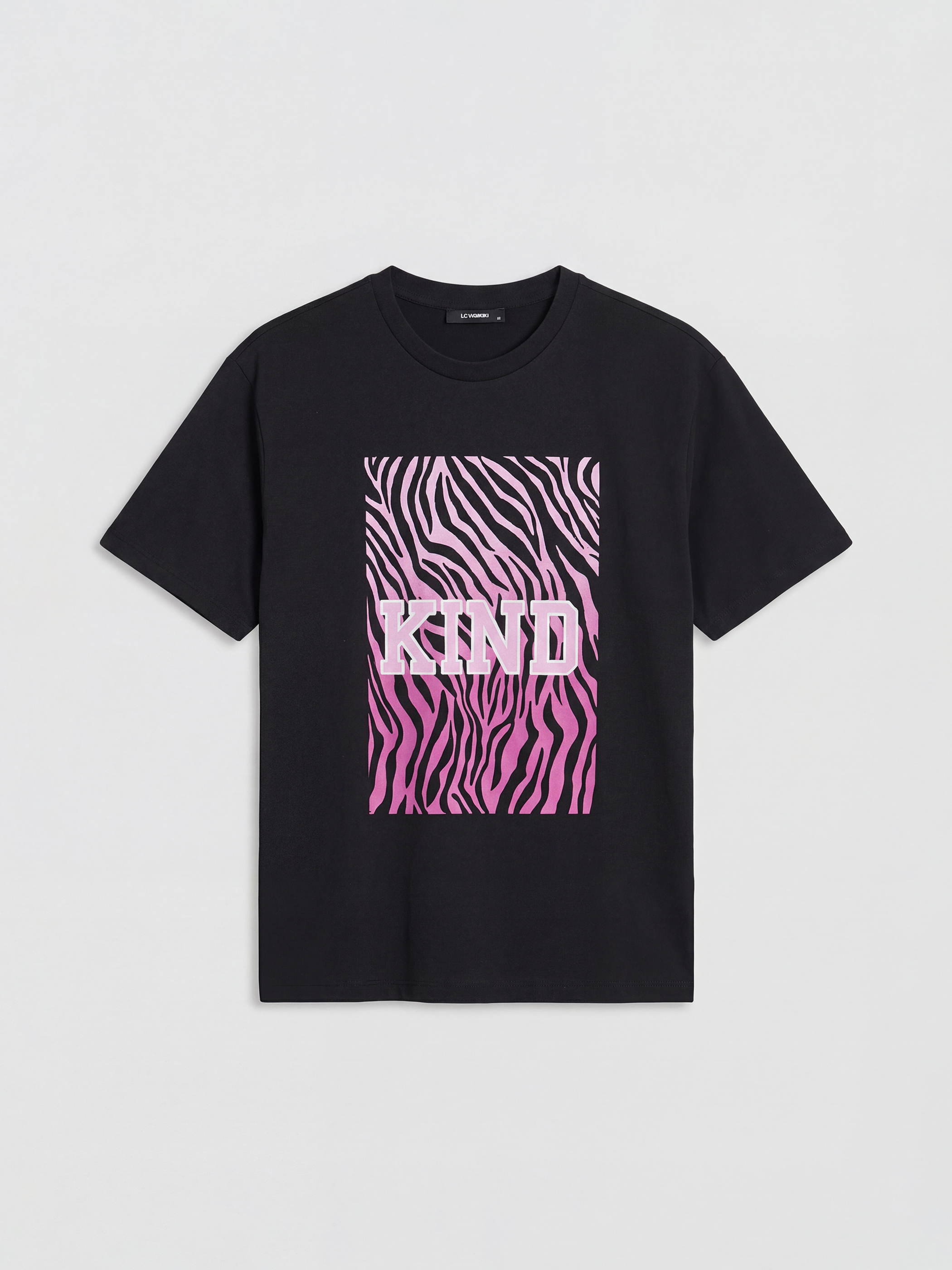 Siyah Bisiklet Yaka Baskılı Oversize Kadın Tişört-4