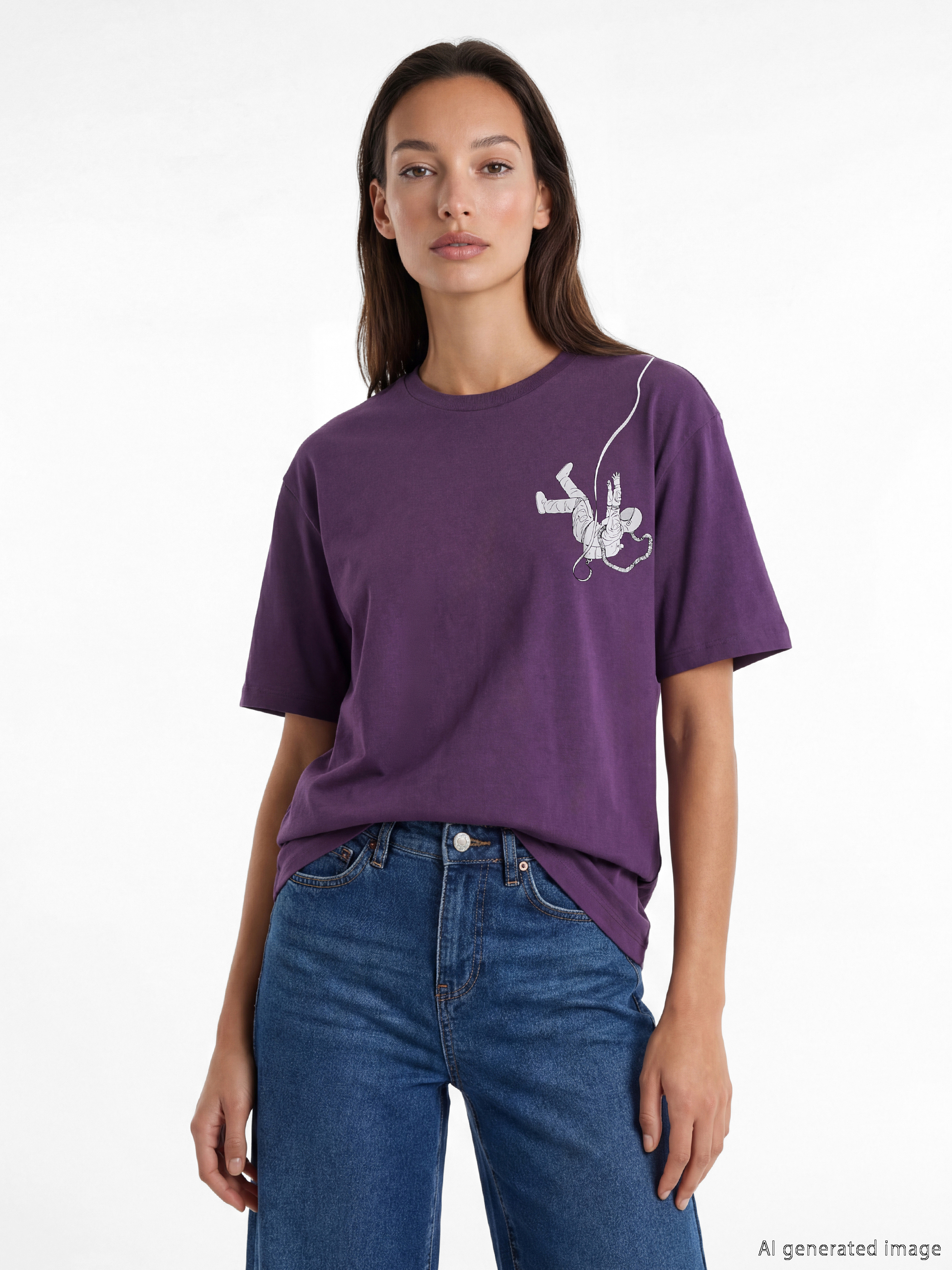 Mor Bisiklet Yaka Baskılı Oversize Kadın Tişört-2