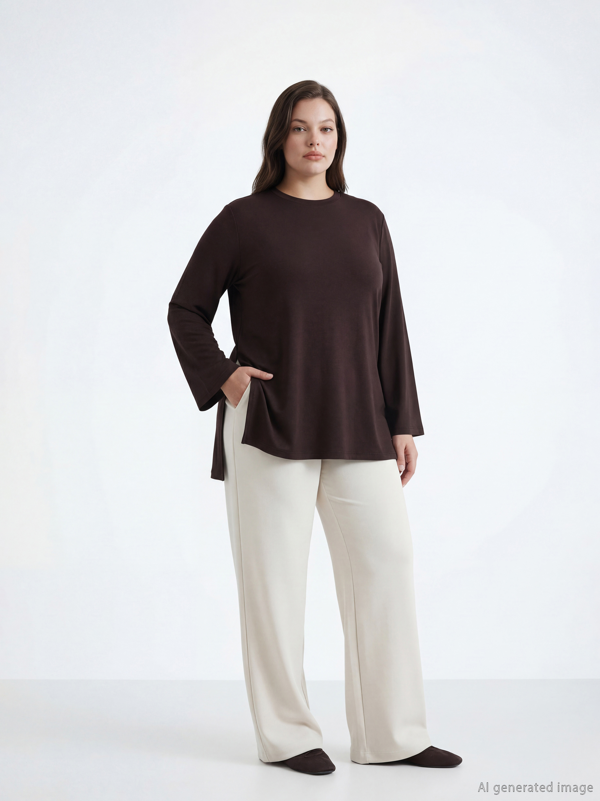Kahverengi Soft Touch Oversize Kadın Sweatshirt Tunik	-1