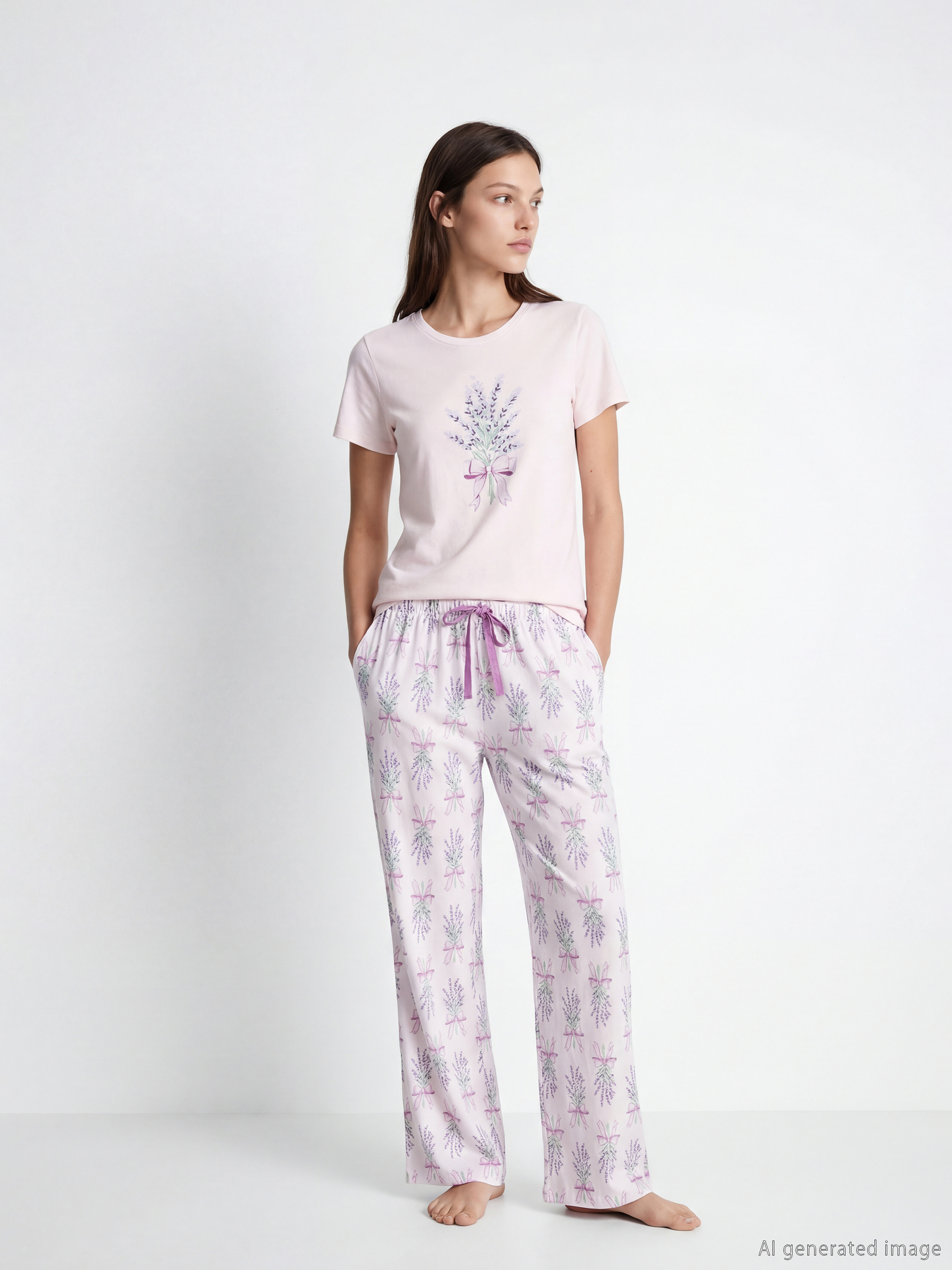 Pembe Bisiklet Yaka Baskılı Kadın Pijama Takımı-1