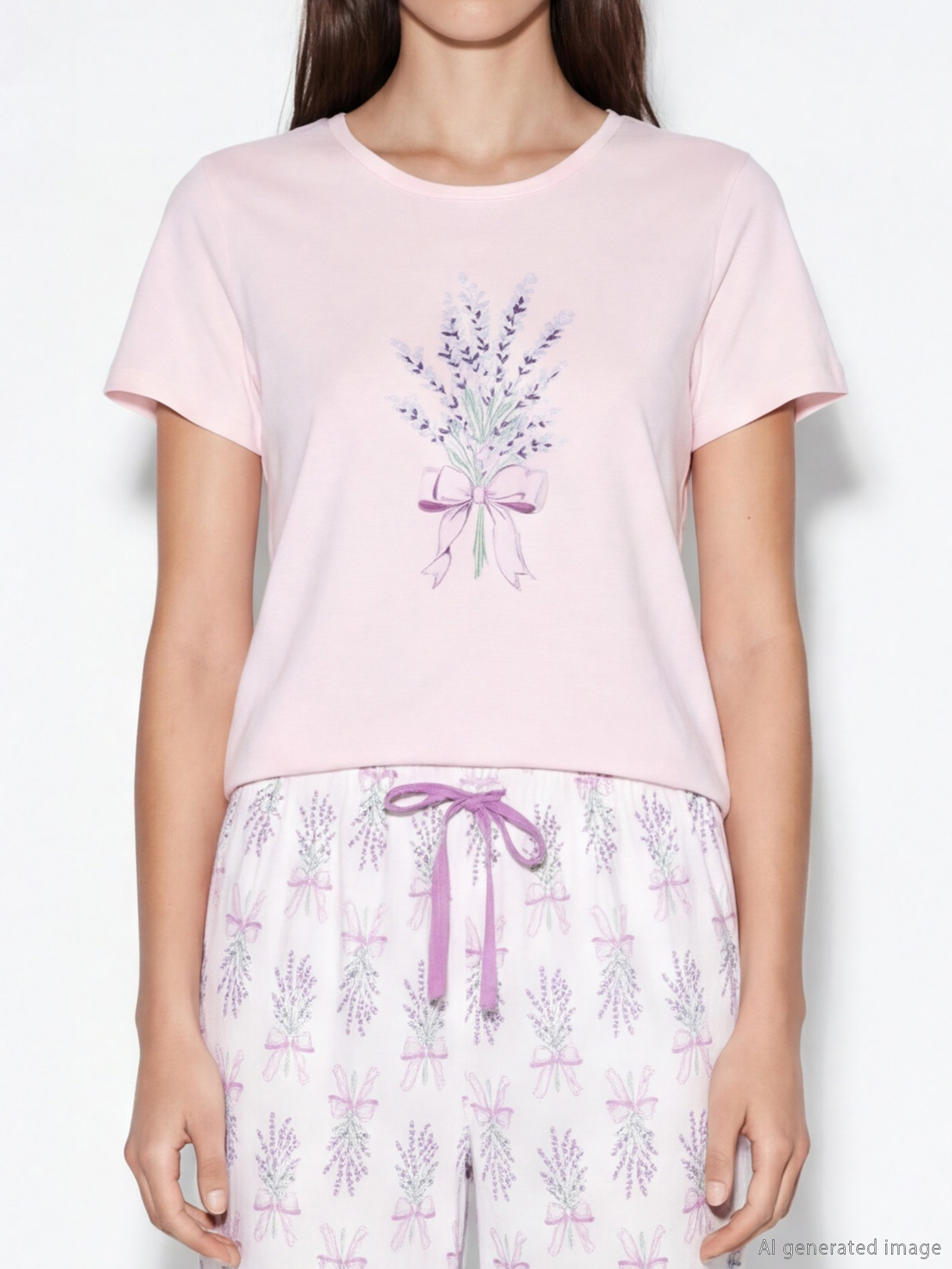 Pembe Bisiklet Yaka Baskılı Kadın Pijama Takımı-2