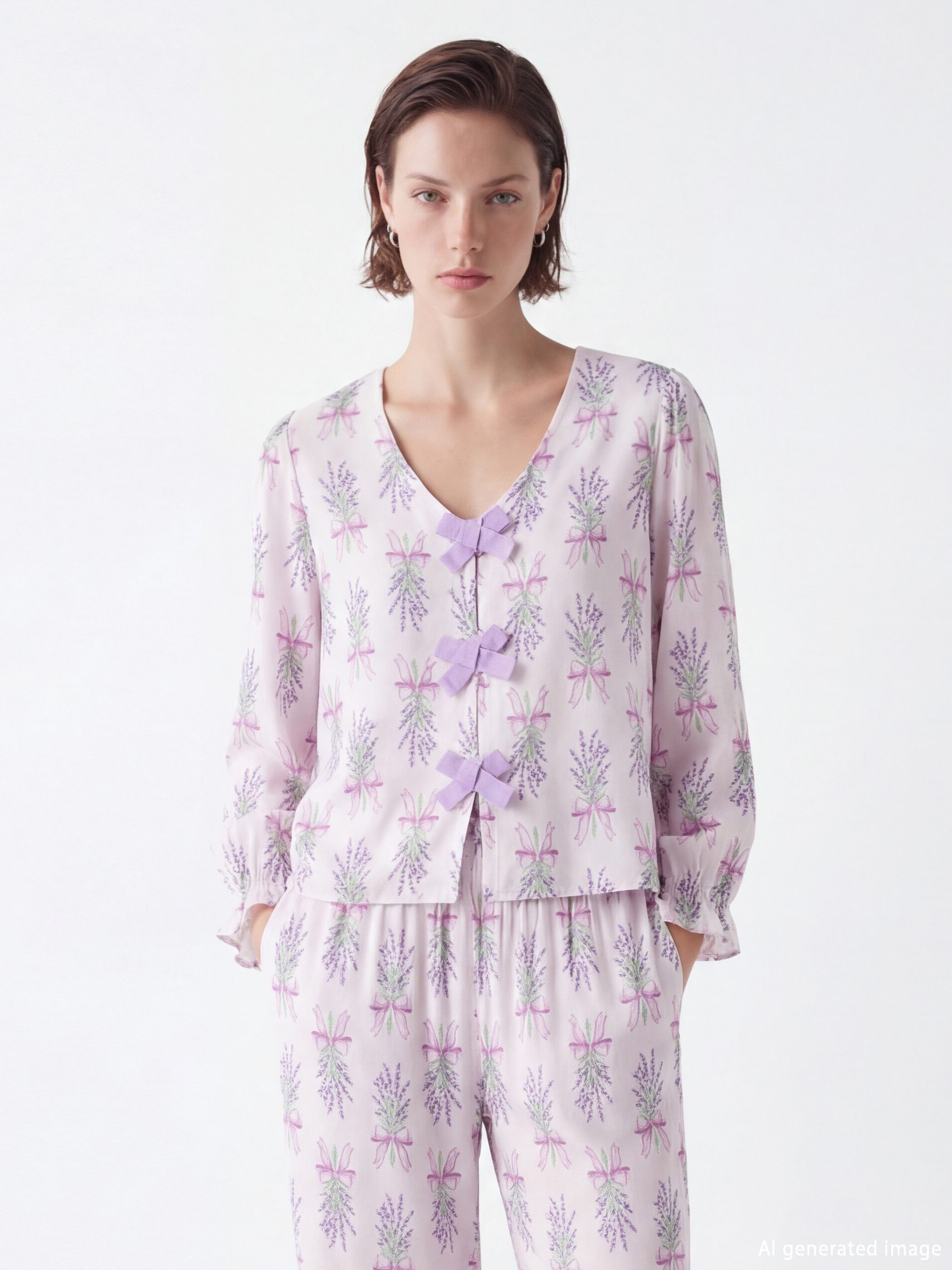 Pembe V Yaka Fiyonk Desenli Kadın Pijama Takım-1