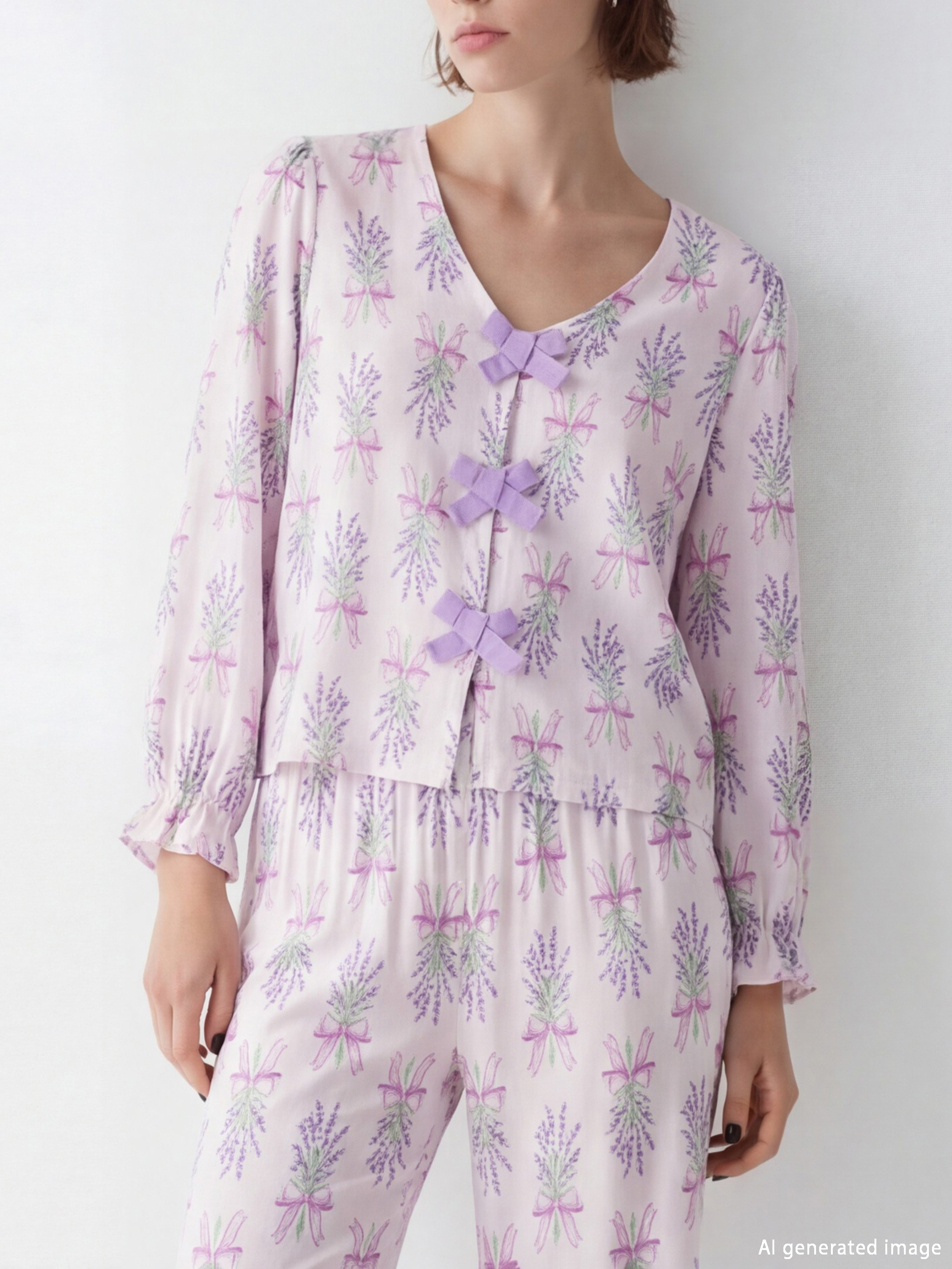 Pembe V Yaka Fiyonk Desenli Kadın Pijama Takım-2