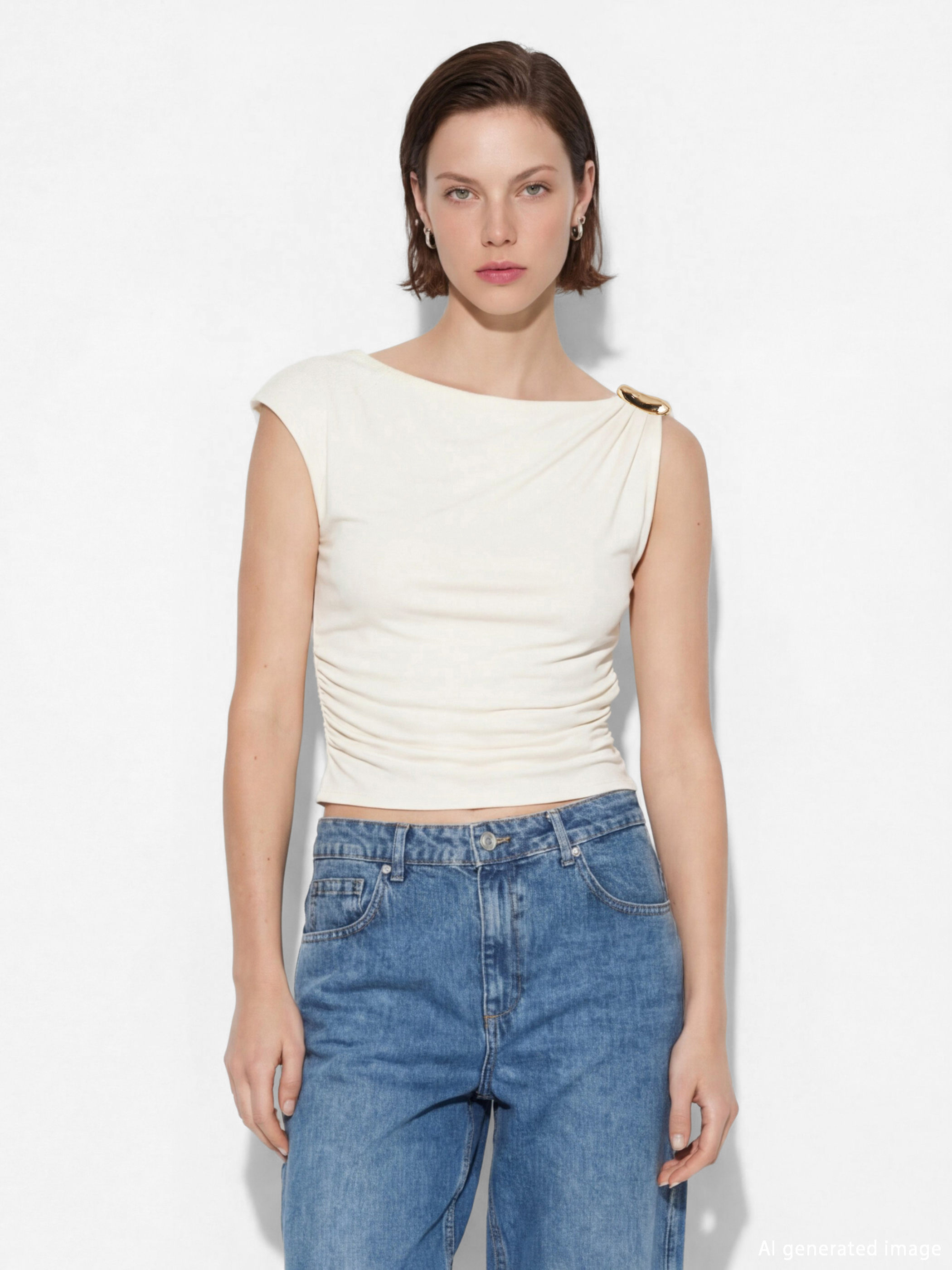 LCW Vision Metal Appliquéd Ruched Blouse