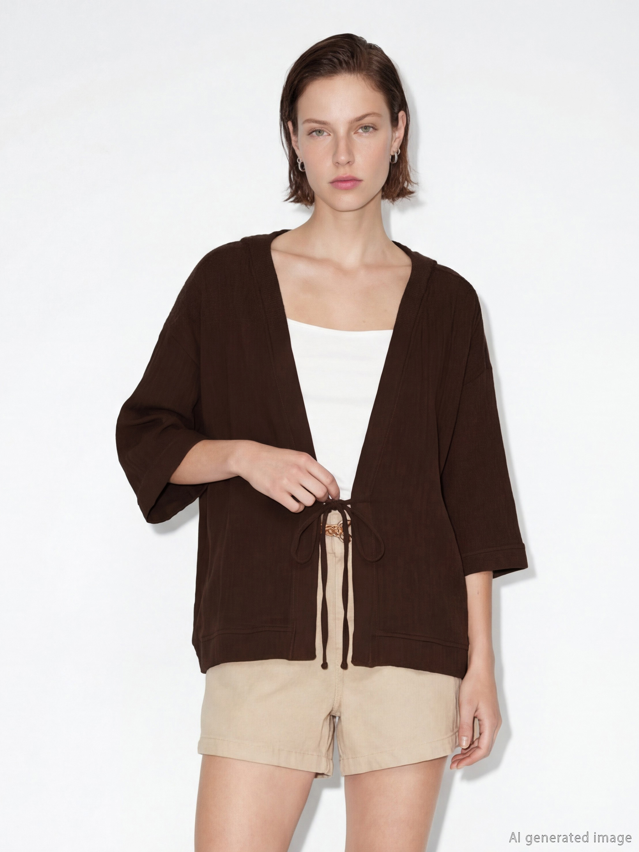 Kahverengi Kruvaze Yaka Dokulu Kadın Kimono-1