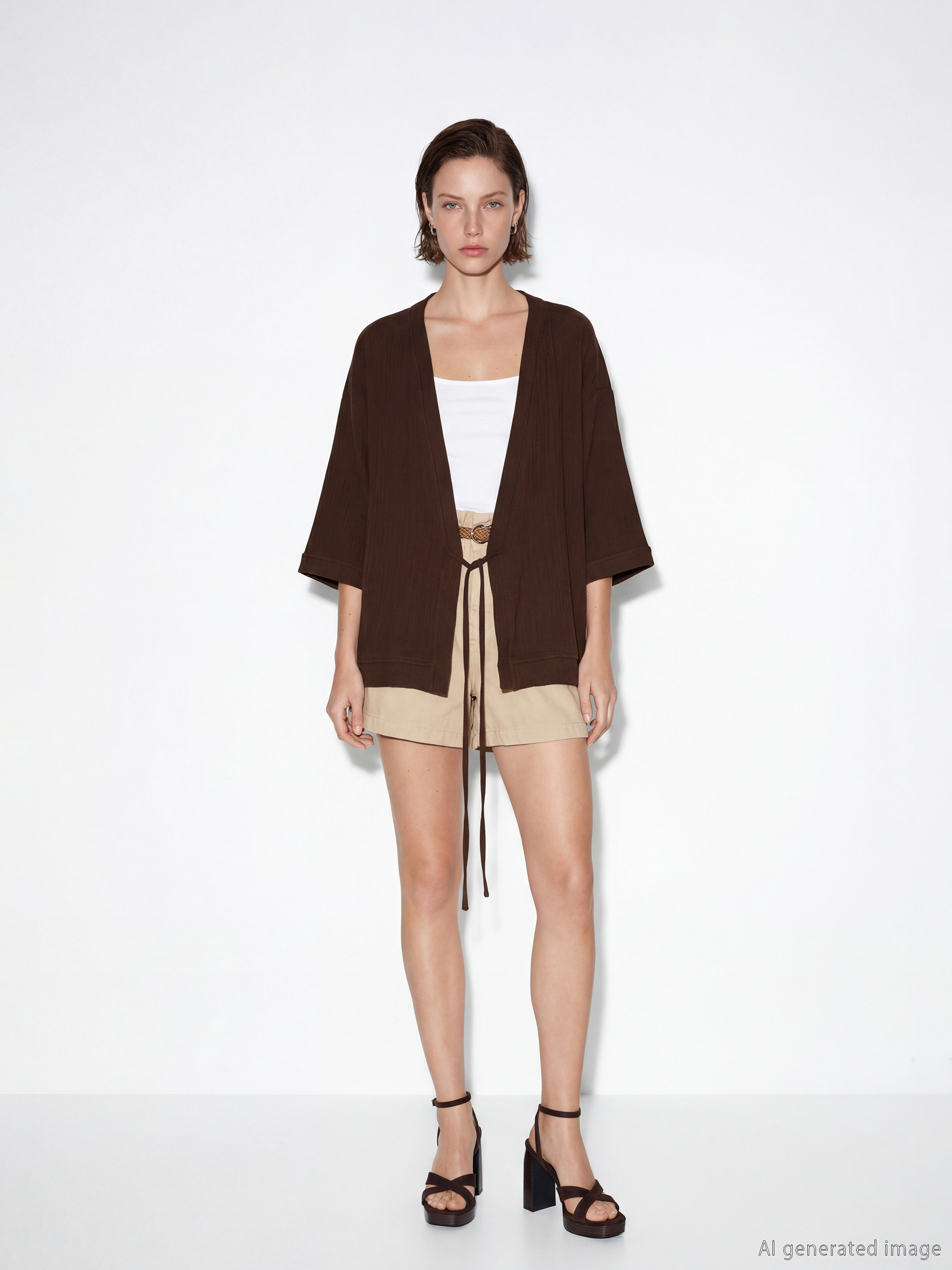 Kahverengi Kruvaze Yaka Dokulu Kadın Kimono-3